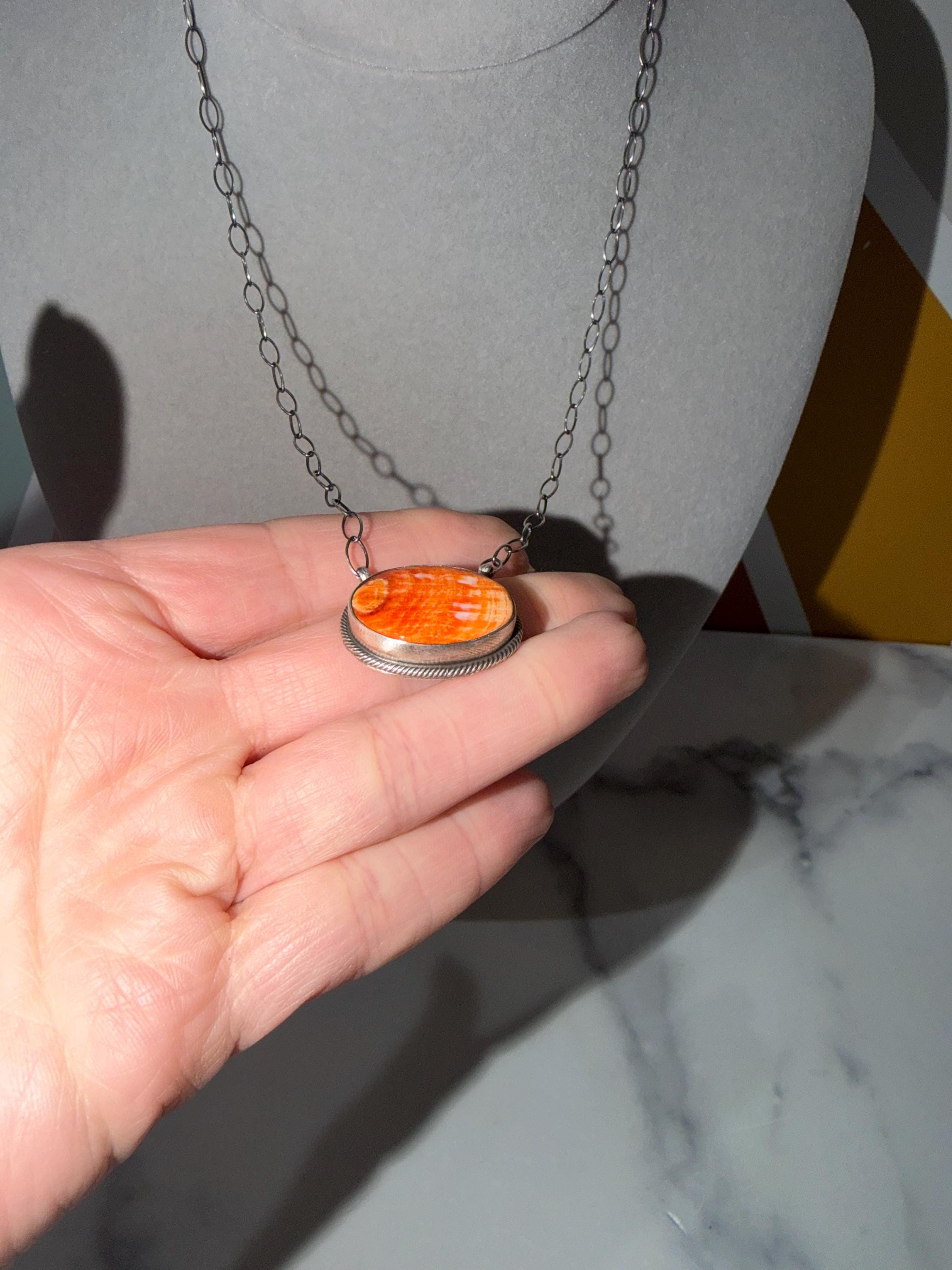 Orange Spiny Oyster Bar Necklace, Sterling Silver, Native Made Am, Southwest Style (19" Chain) 4