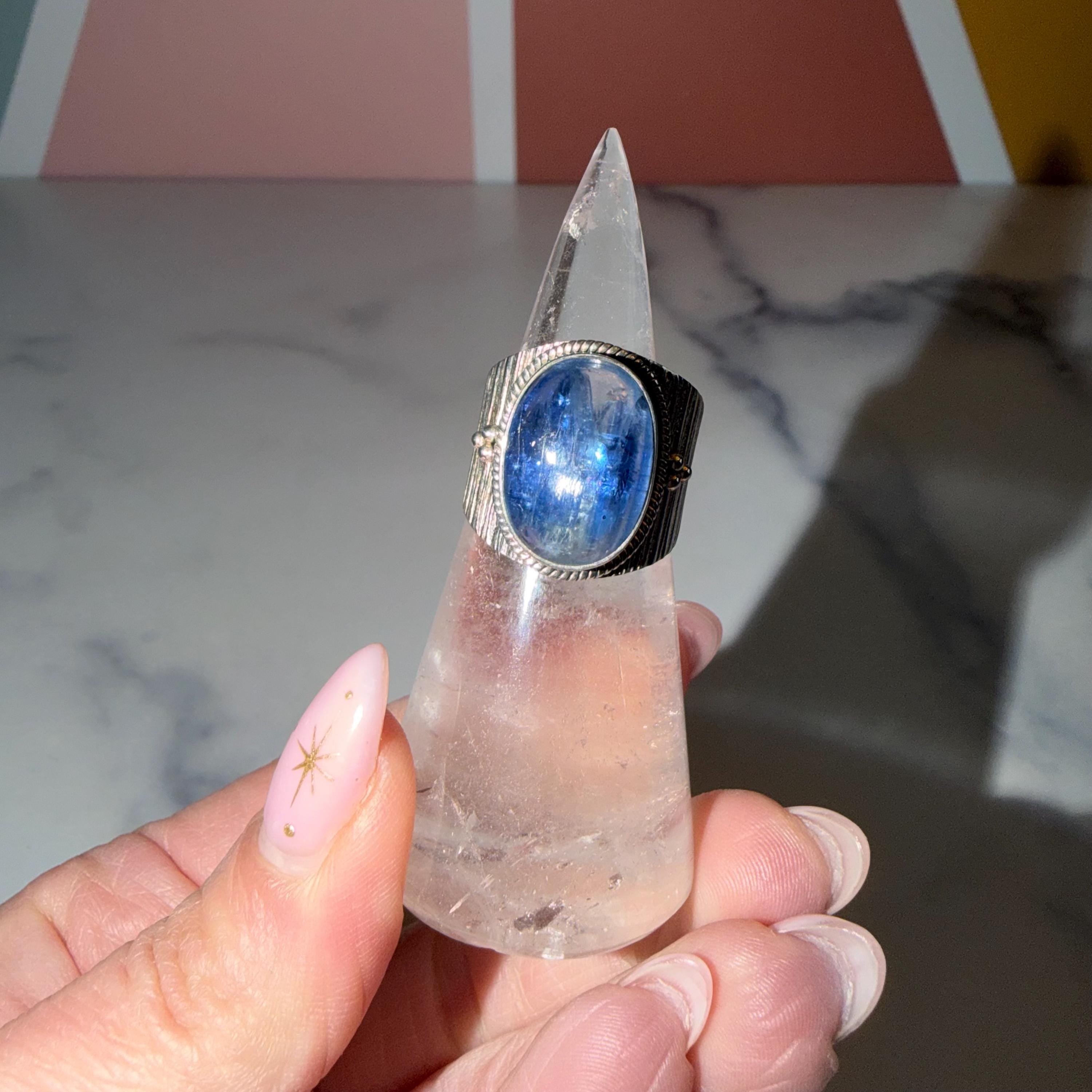 Blue Kyanite Cigar Band Ring • 925 Sterling Silver • Size 7.5 • Statement Gemstone Ring • Boho Crystal Jewelry 3