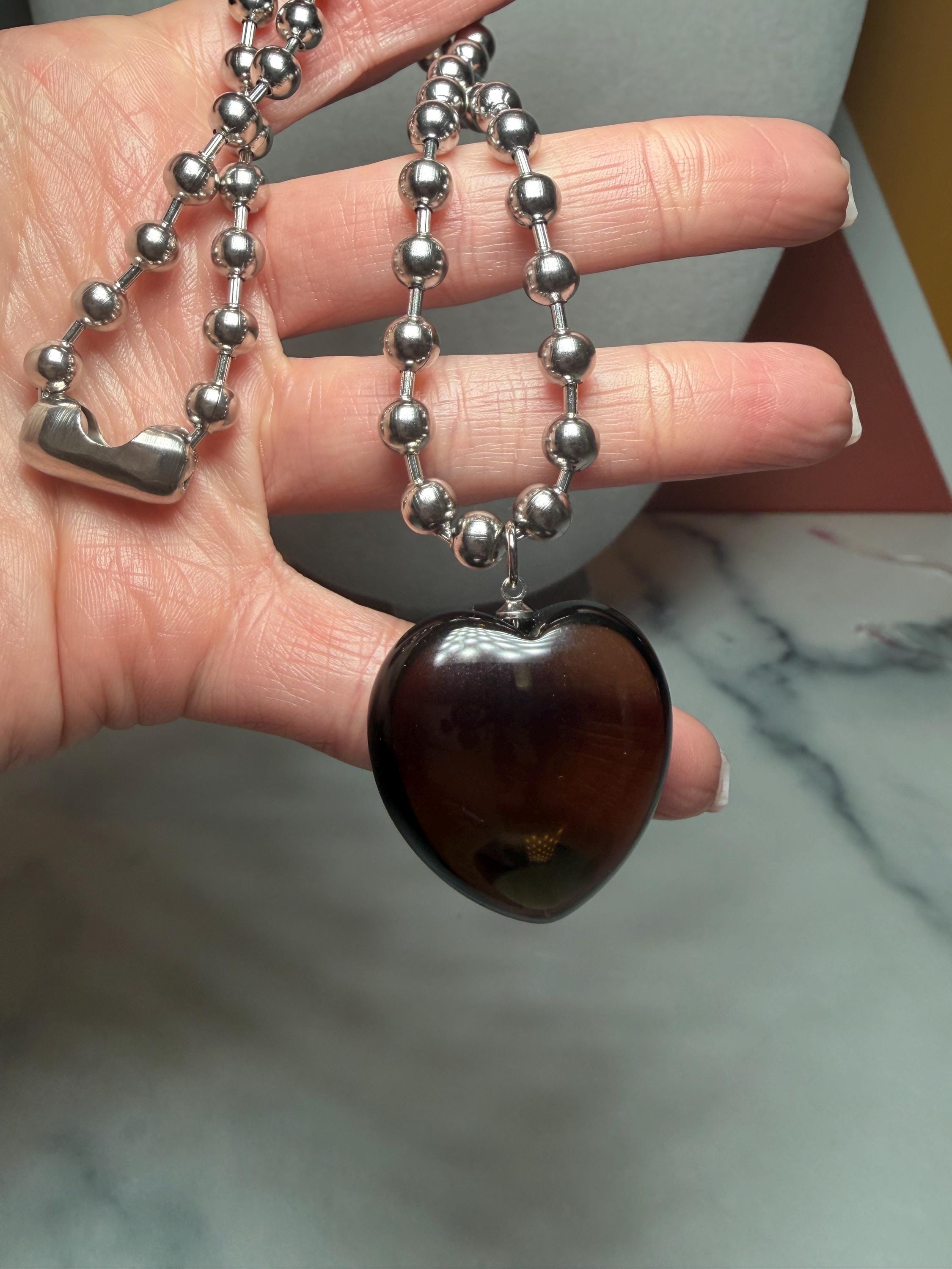 Smoky Quartz Heart Pendant Necklace, Sterling Silver Ball Chain, 17 Inch 2