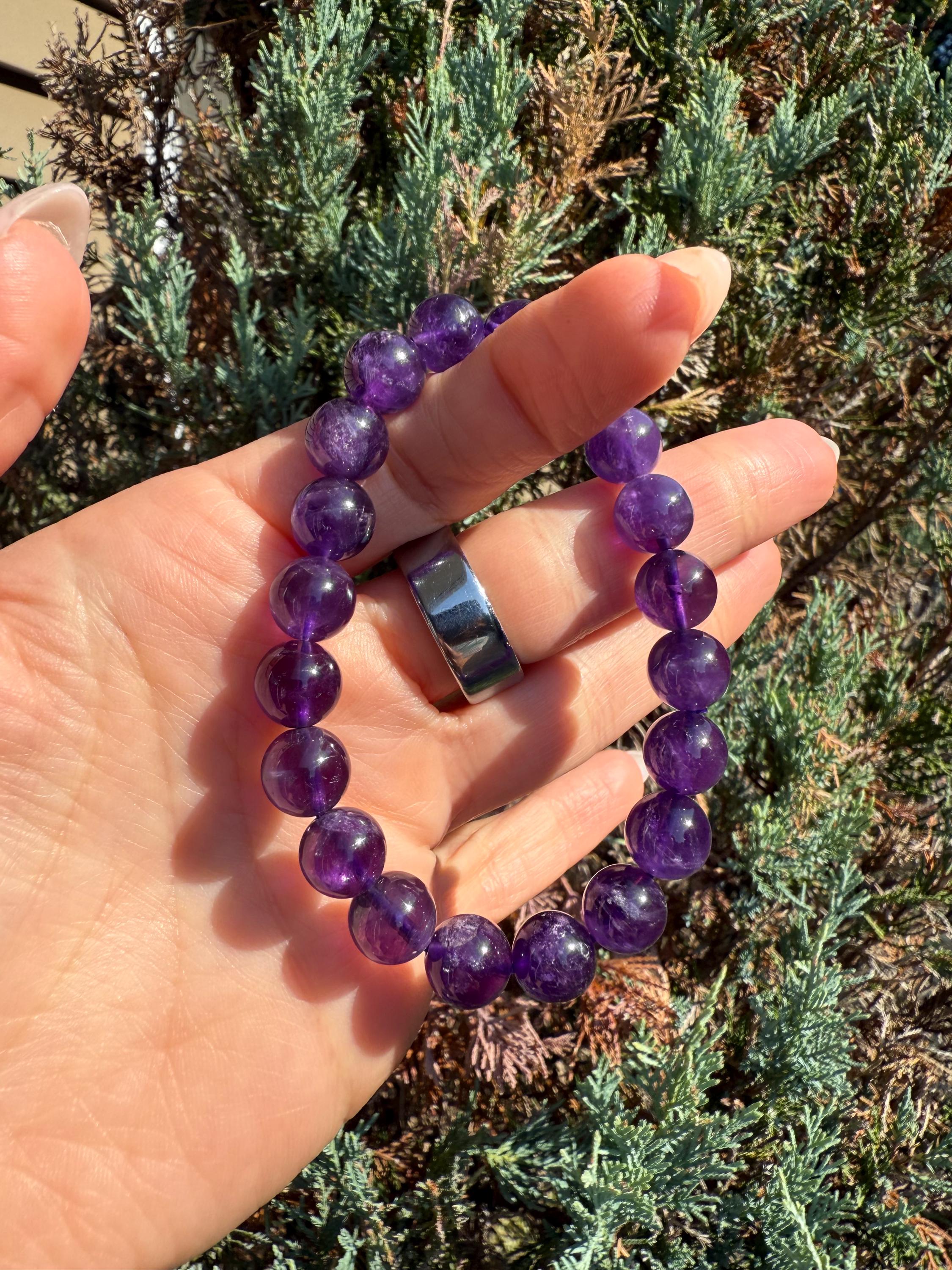 Natural Purple Amethyst 10mm Crystal Stretch Bracelet, Crown Chakra Meditation Jewelry 8