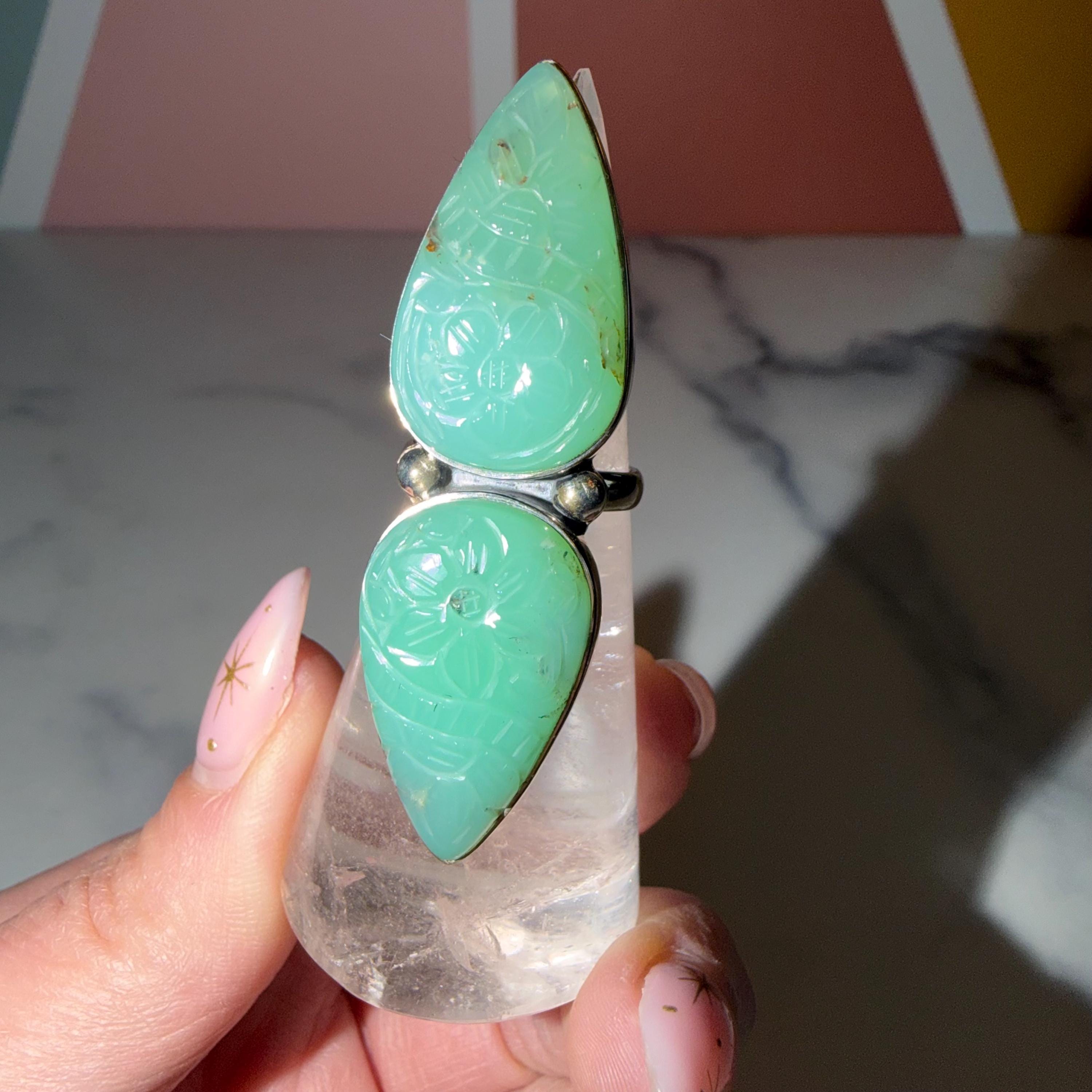 Double Carved Jade Statement Ring • 925 Sterling Silver • Boho Crystal Jewelry (Size 6) 2