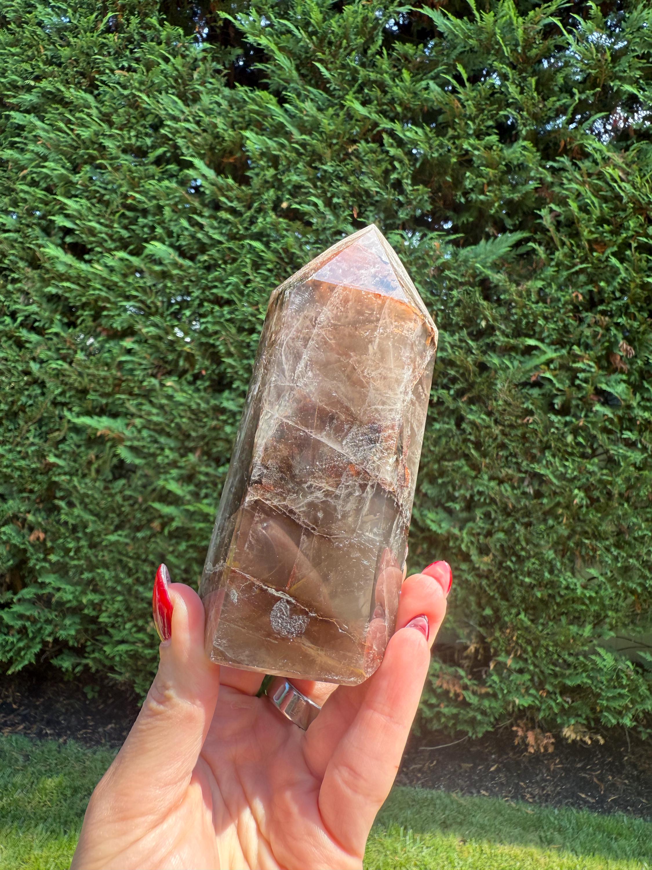 Fire Quartz & Smoky Quartz Crystal Tower from Madagascar: Grounding and Energizing Stone Point 3