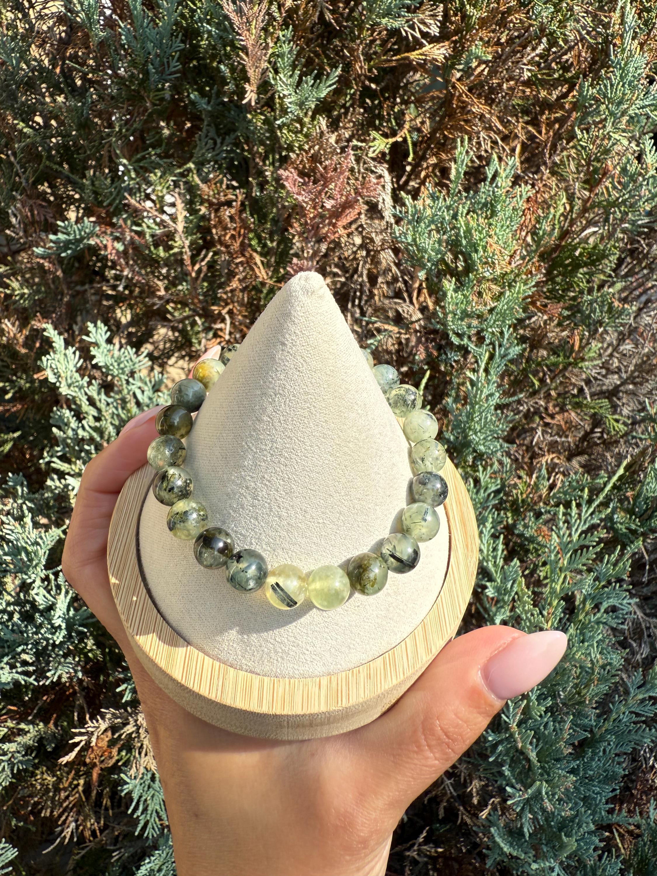 Prehnite & Epidote Crystal Beaded Stretch Bracelet: Natural Gemstone, Heart Chakra 2