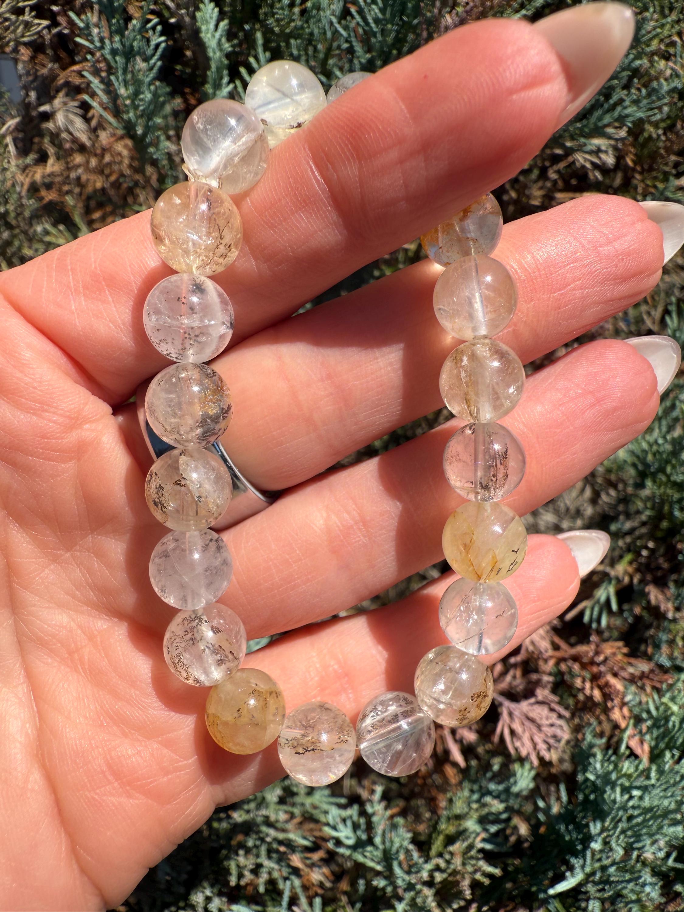 Dendritic Quartz with Gold Healer Inclusions Stretch Beaded Bracelet, Crystal Beaded Jewelry (9mm) 3