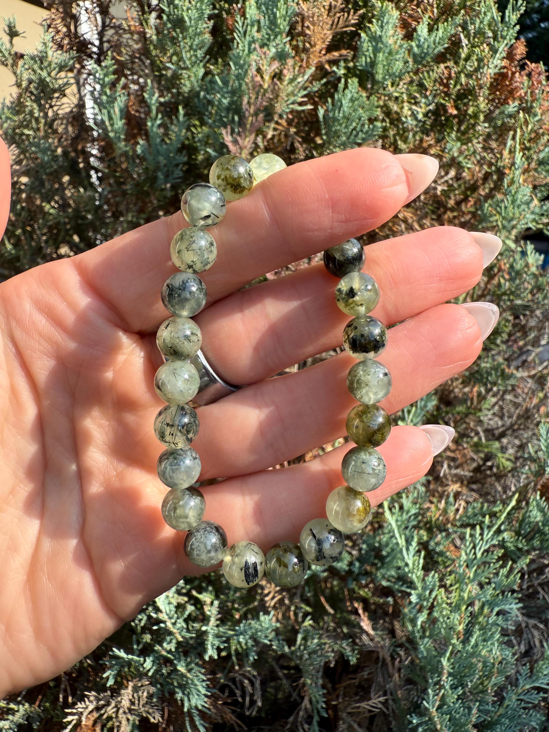 Prehnite & Epidote Crystal Beaded Stretch Bracelet: Natural Gemstone, Heart Chakra 5