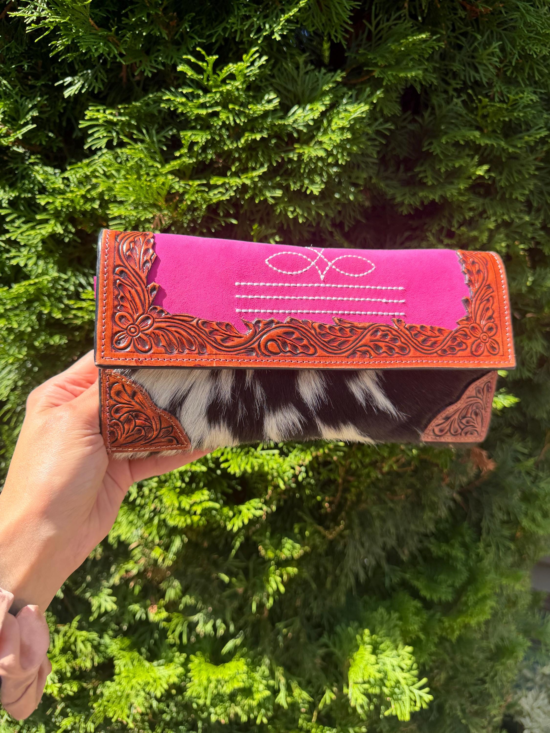 Pink Tooled Leather & Cowhide Wallet Crossbody – Western Hair-On Hide Clutch 2