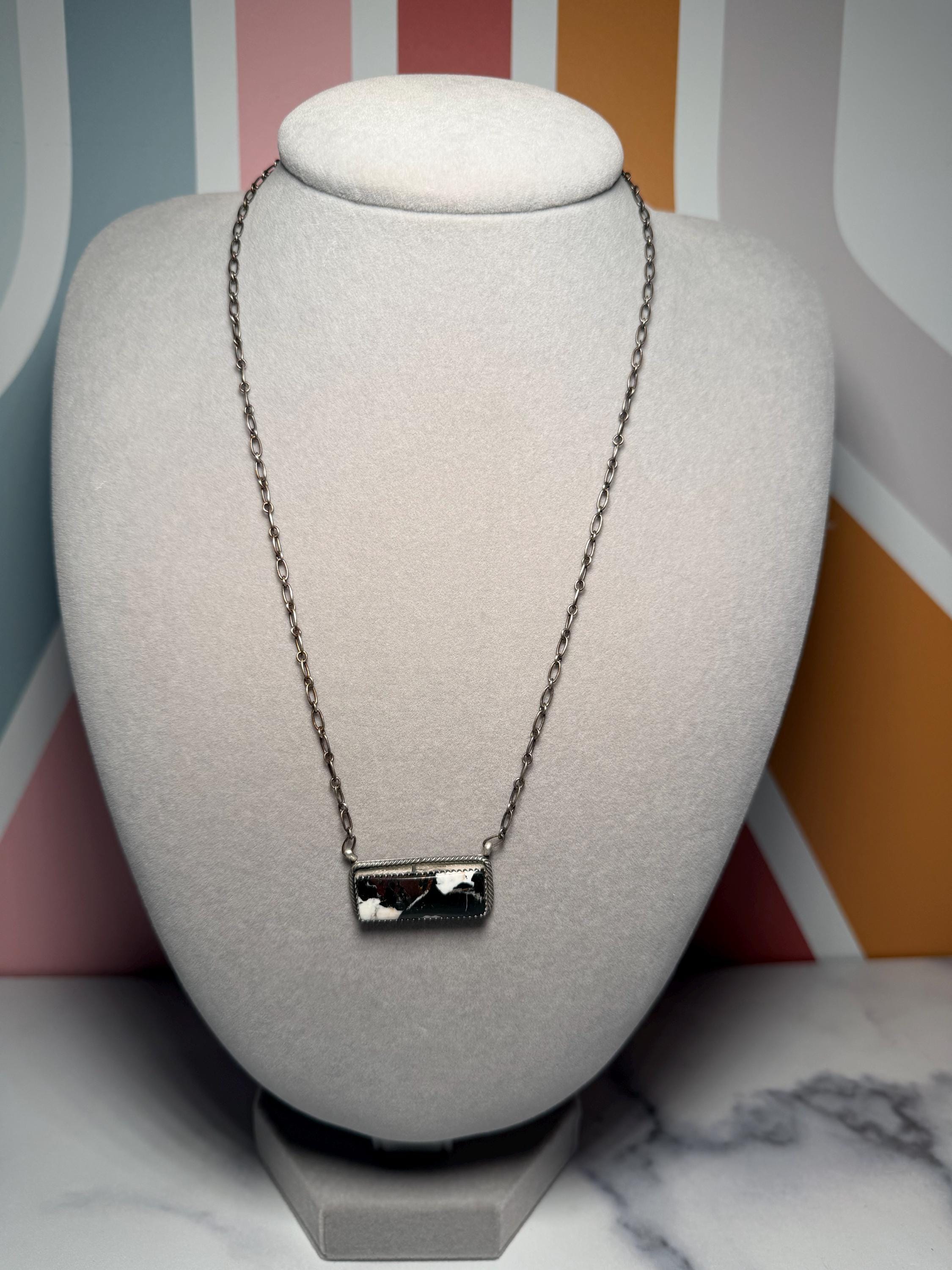 White Buffalo Bar Necklace, 19 Inch Sterling Silver, Native Stamped Statement Jewelry 2