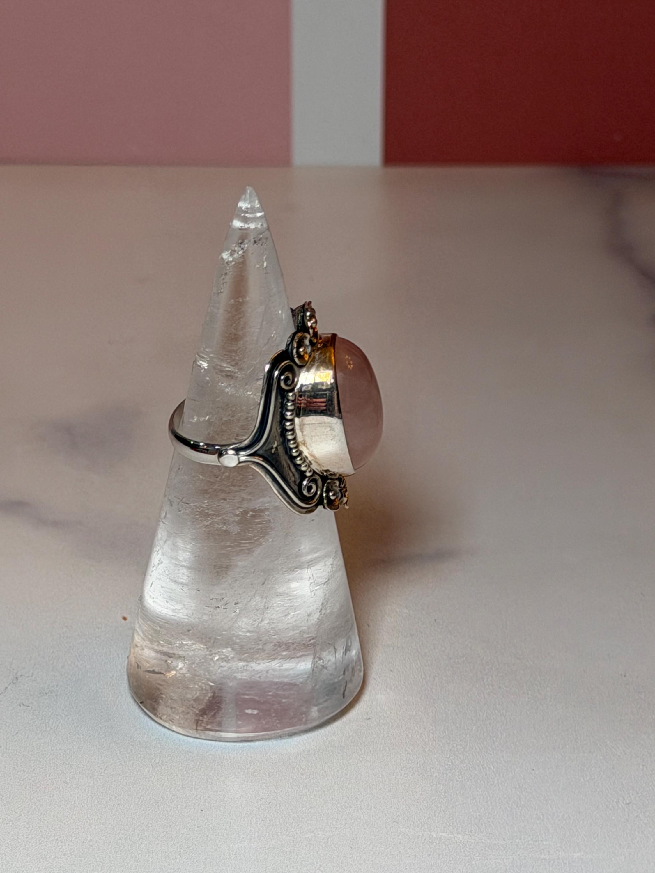 Rose Quartz Sterling Silver Floral Ring, Size 7, Romantic Gemstone Jewelry 10