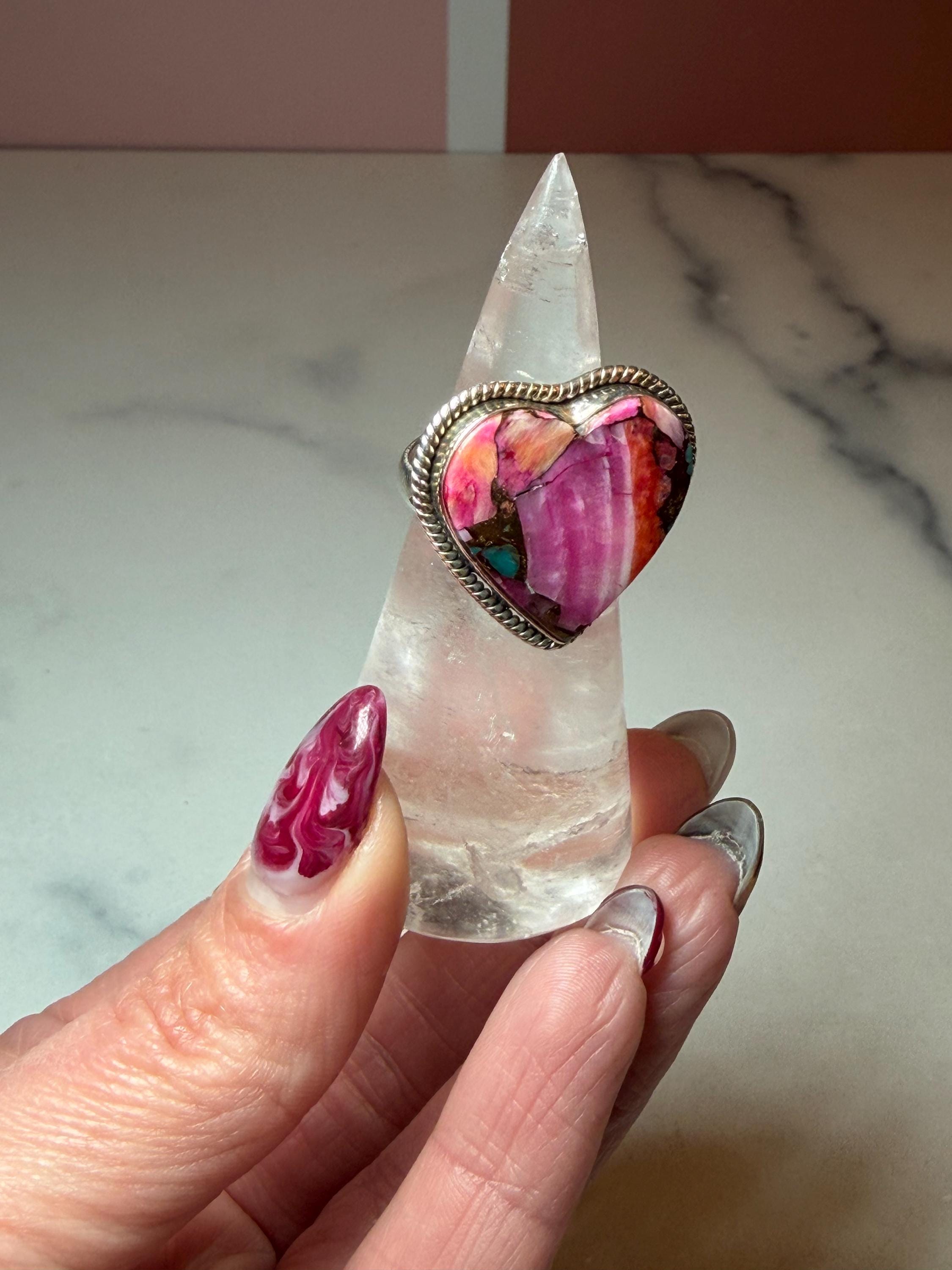 Pink Dahlia Heart Ring • Sterling Silver • Boho Gemstone Jewelry (size 7) 6