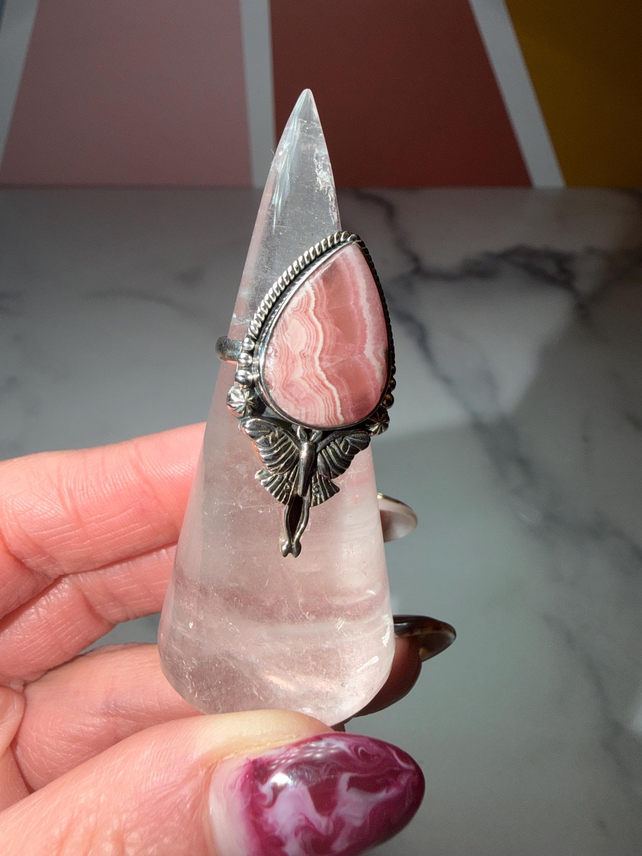 Rhodochrosite Luna Moth Ring • Sterling Silver Celestial Statement Jewelry (size 7) 11