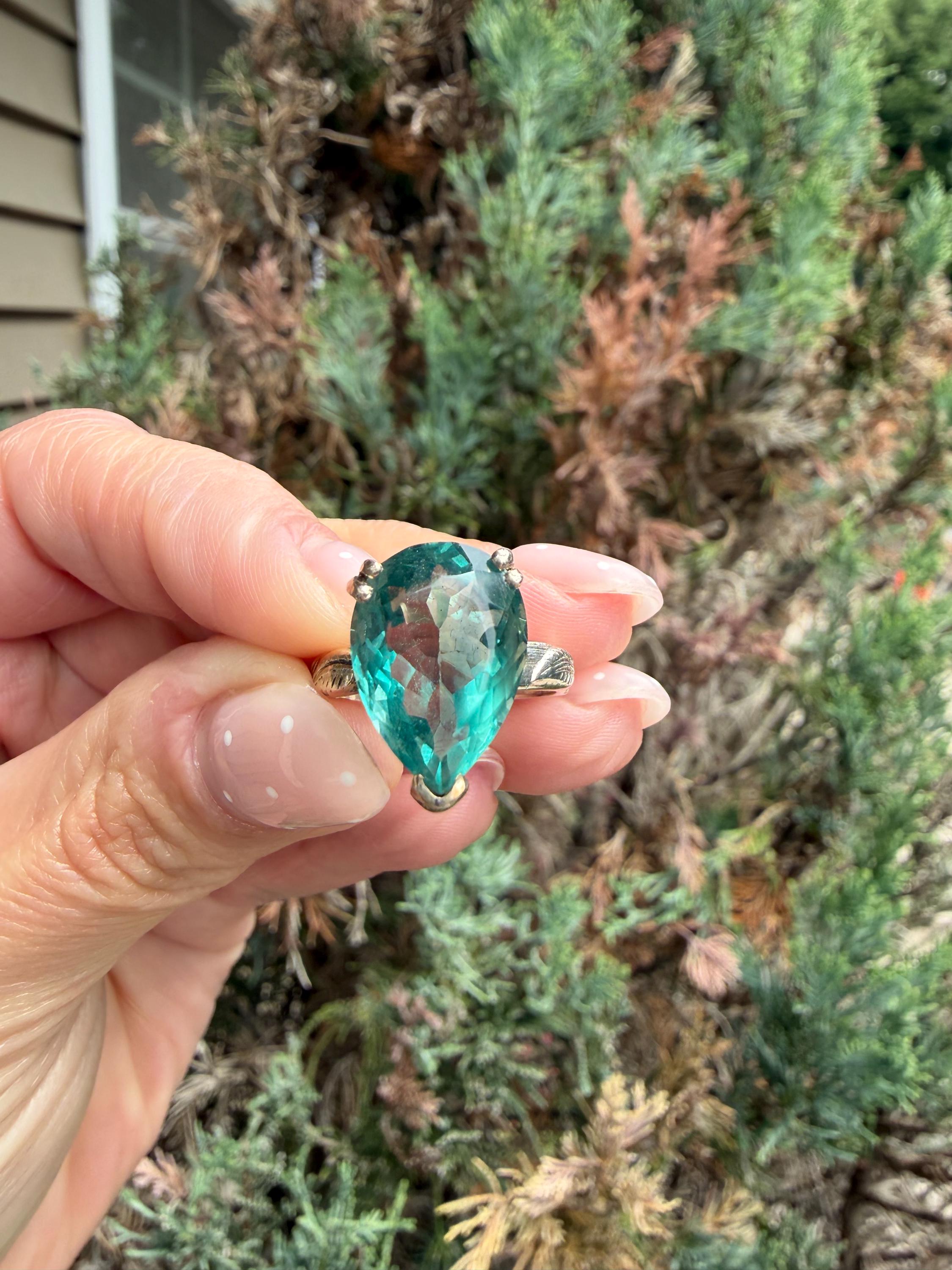 Blue Fluorite Teardrop Ring • Sterling Silver Floral Band • Boho Statement Ring (Size 7) 8