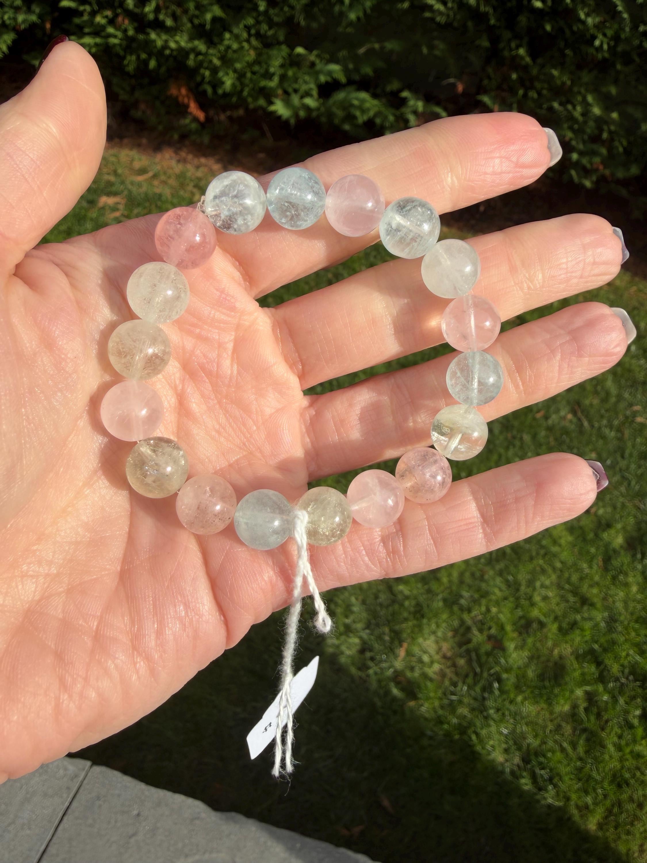 Mixed Beryl Beaded Bracelet 10mm • Aquamarine Morganite Heliodor • Crystal Healing Jewelry • Feminine Energy Bracelet 15