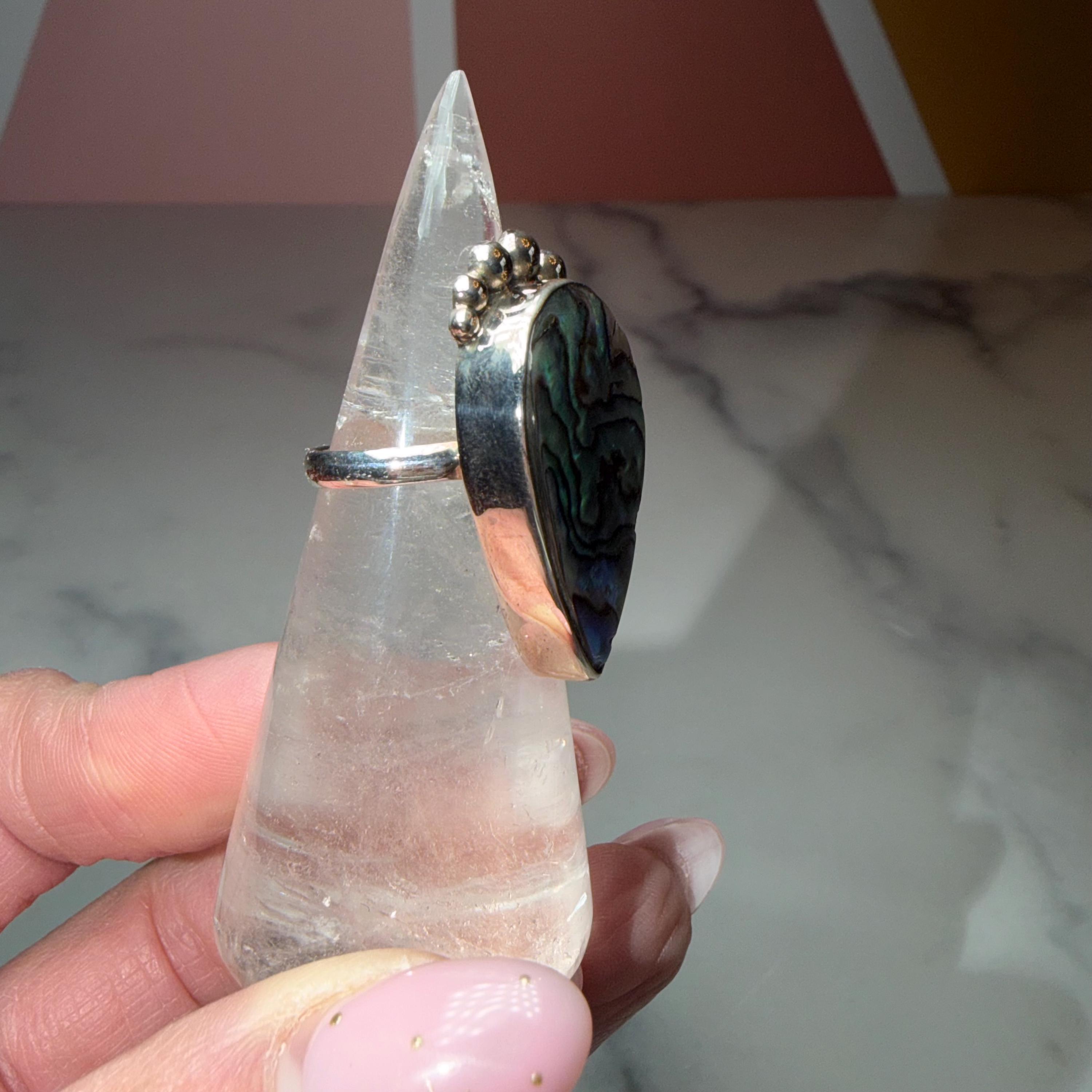 Abalone Shell Tear Drop Ring, Sterling Silver Statement Jewelry, Size 6 5