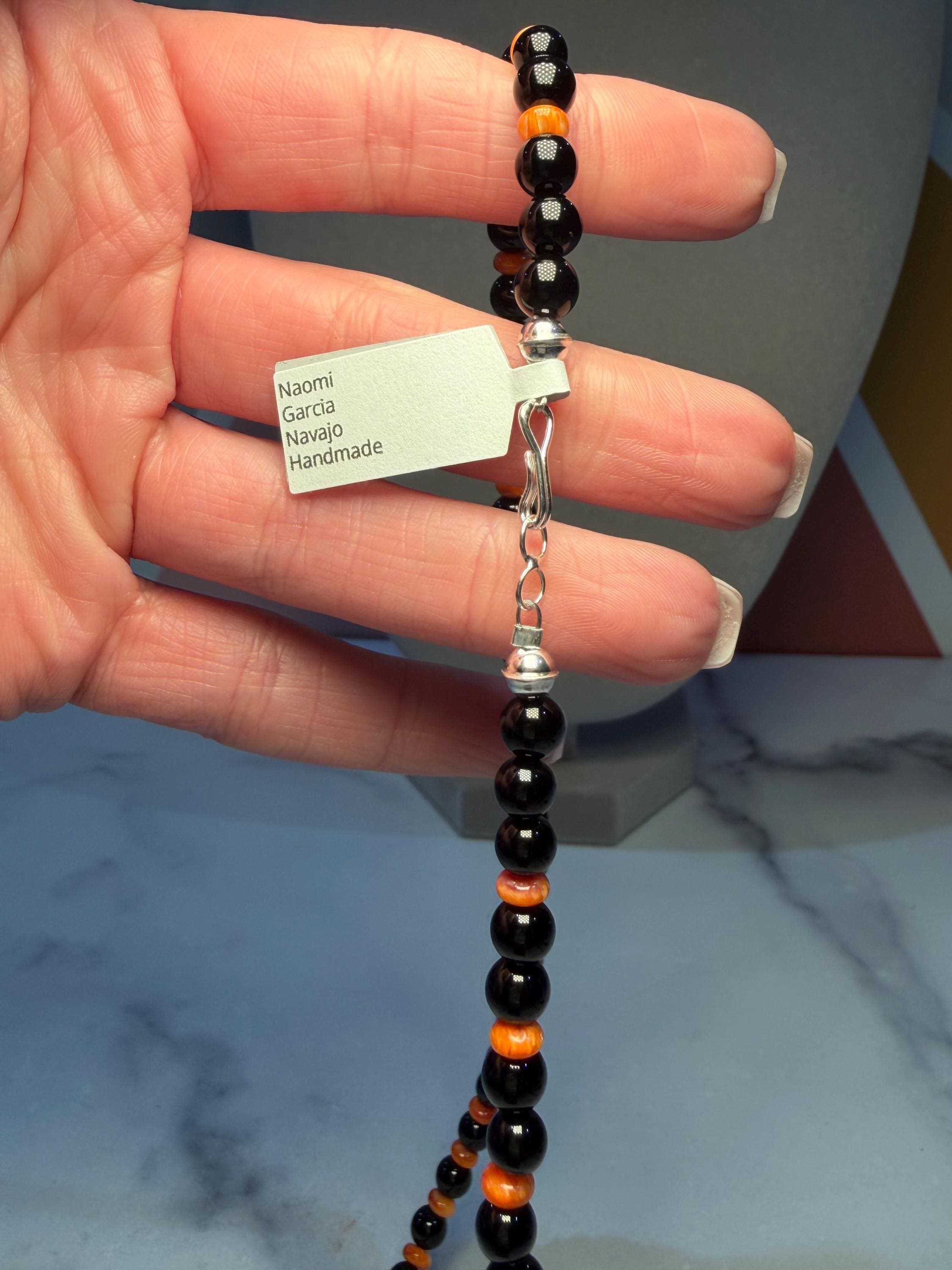 Naomi Garcia Black Onyx Orange Spiny Oyster Beaded Necklace, Sterling Silver Clasp 5