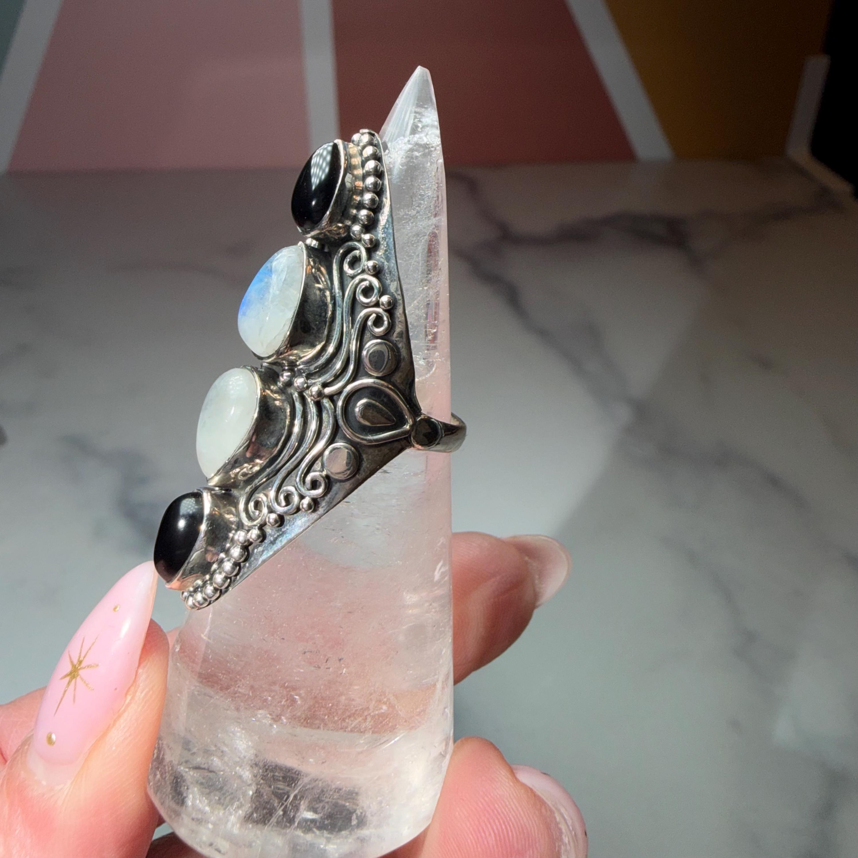 Black Onyx Moonstone Sterling Silver Ornate Statement Ring Size 7 6