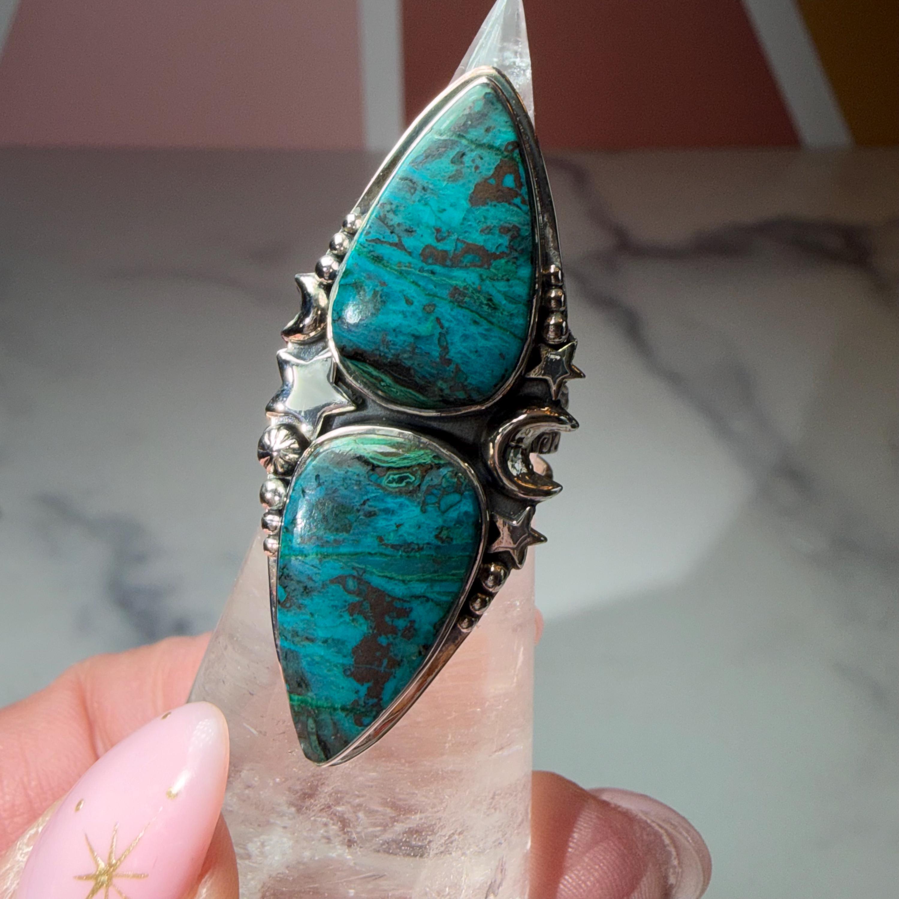 XL Chrysocolla Double Stone Ring, 925 Sterling Silver Celestial Triple Band Ring (Size 7) 2