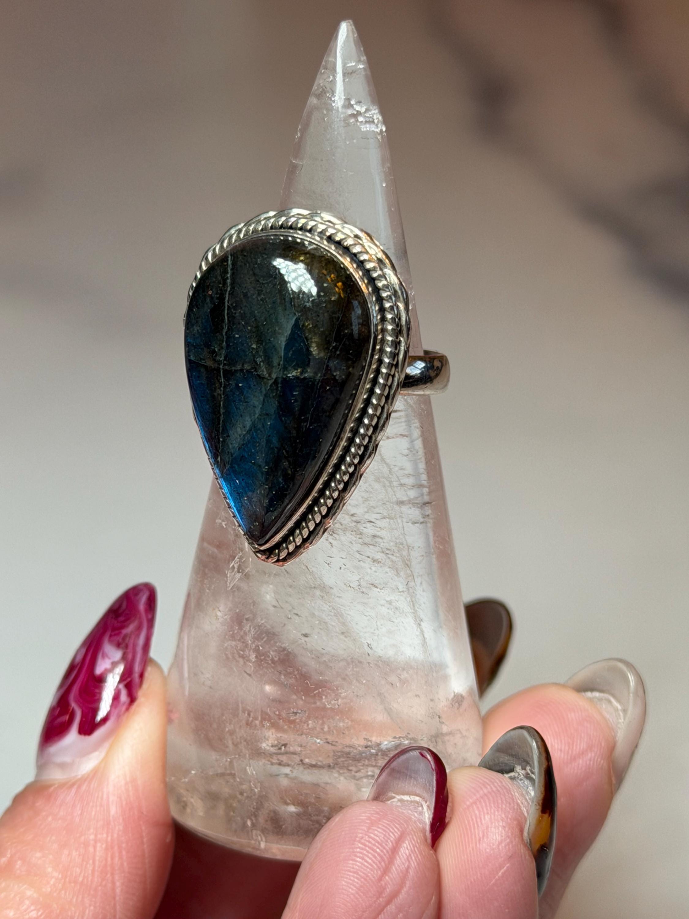Blue Flash Labradorite Teardrop Ring • Sterling Silver • Boho Gemstone Jewelry (size 6) 6