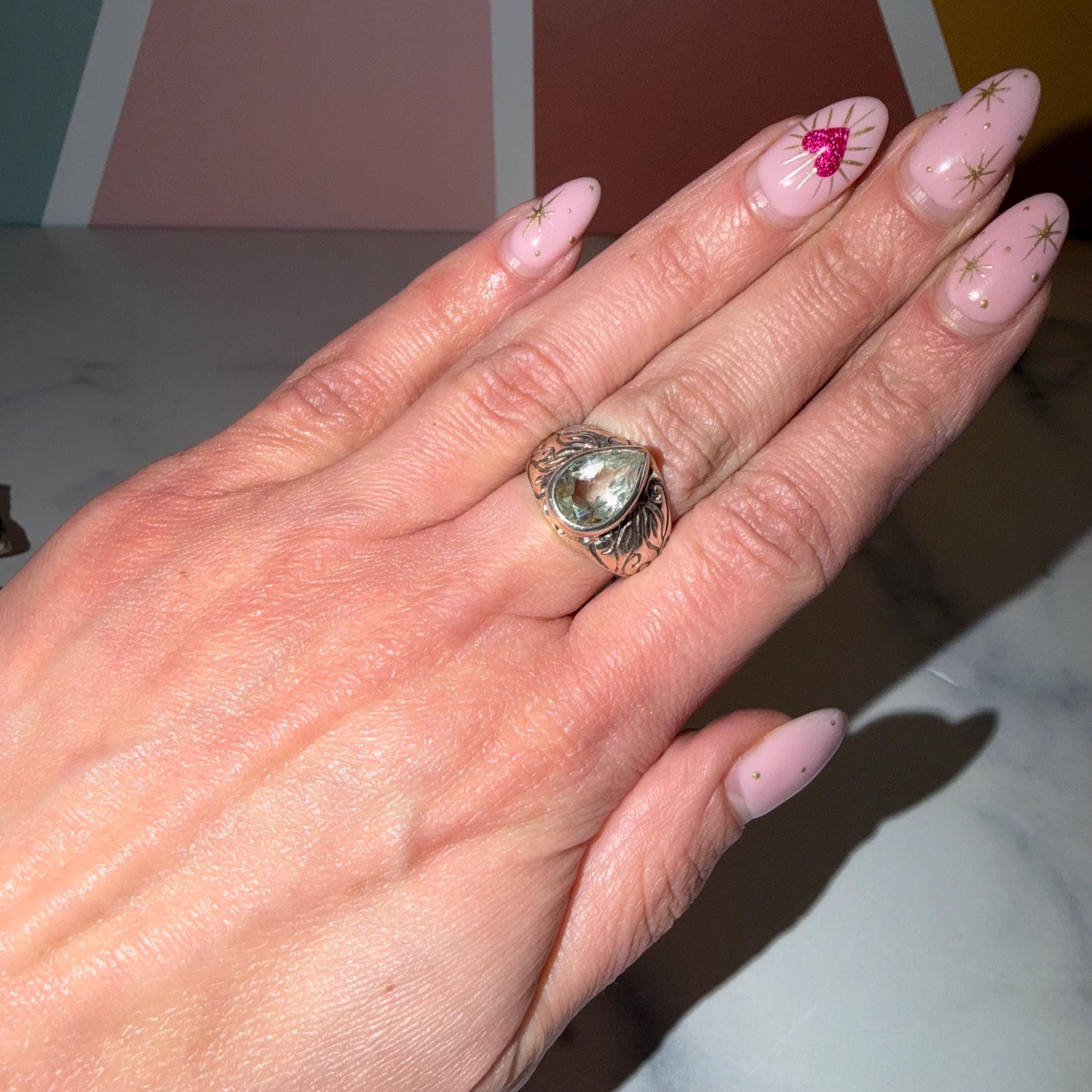 Prasiolite Teardrop Ring 925 Sterling Silver, Size 6, Green Amethyst Ring, Floral Cigar Band, Statement Gemstone Jewelry, Boho Ring 2
