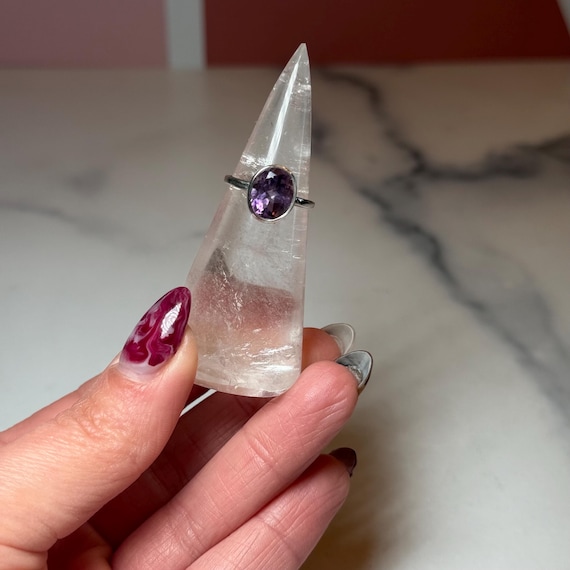 Faceted Amethyst Solitaire Ring: 925 Sterling Sil… - image 1