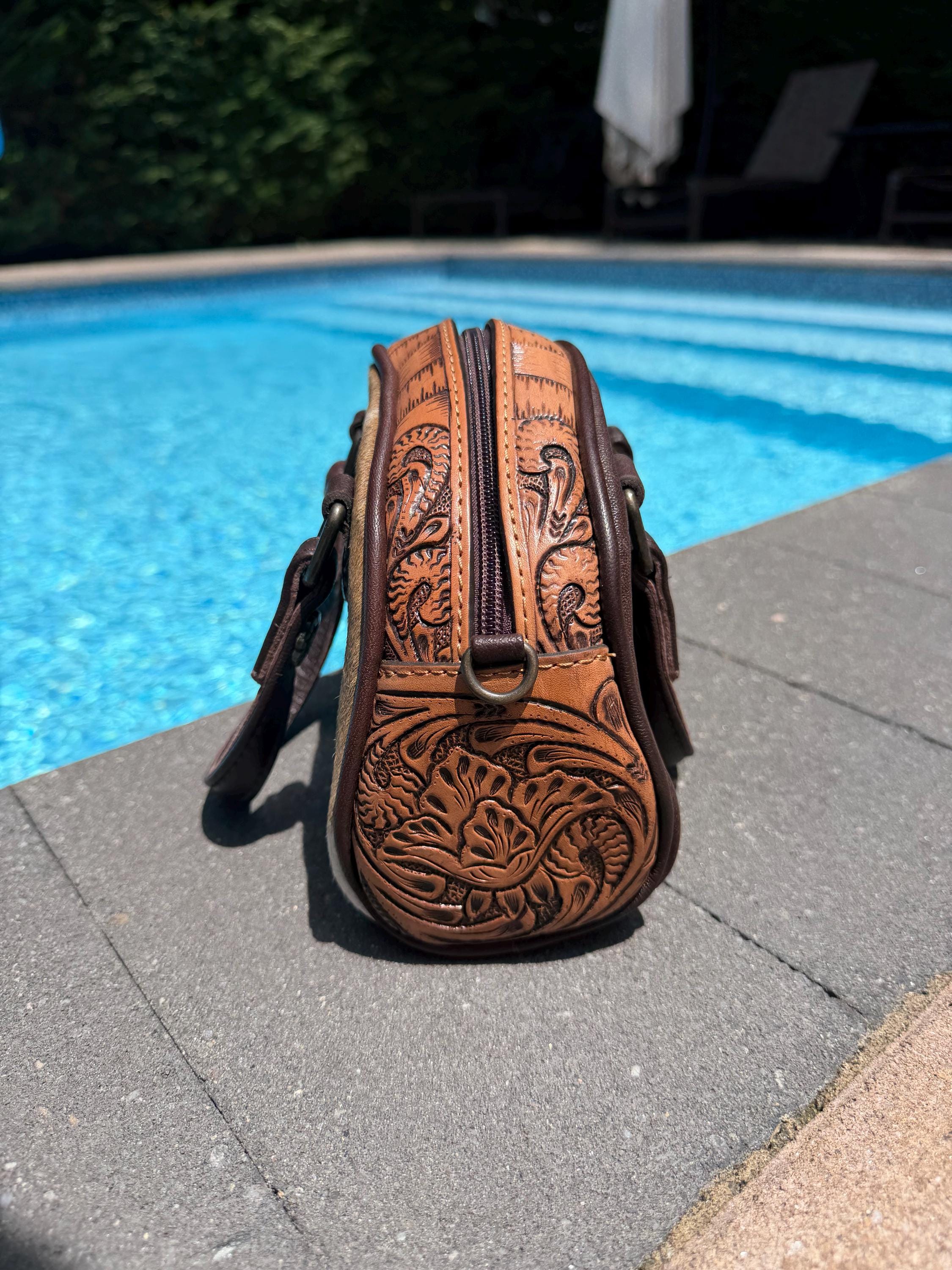 Hair-on Hide Tooled Leather Taco Bag | Western Crossbody Handbag, Rustic Style 5