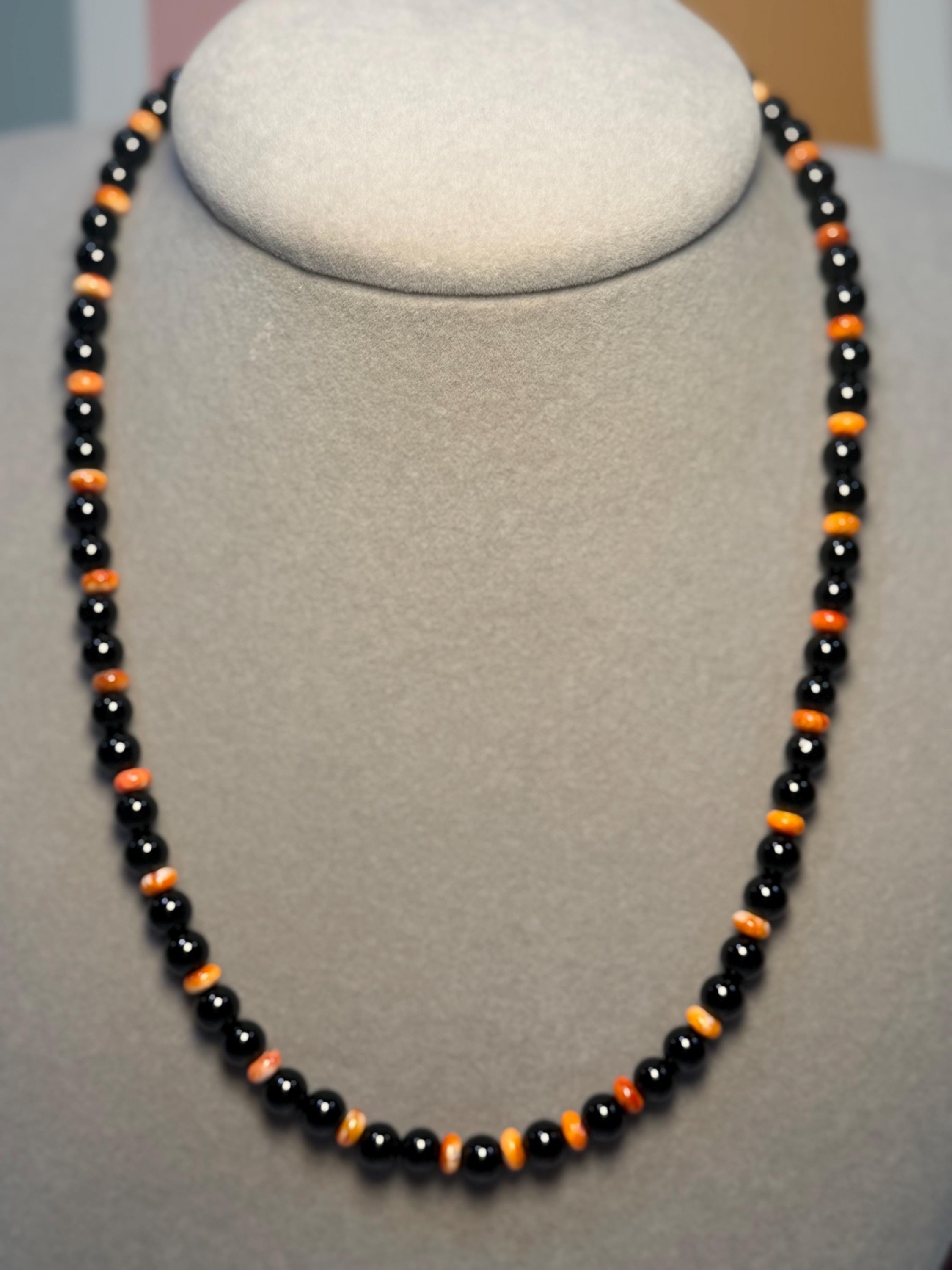Naomi Garcia Black Onyx Orange Spiny Oyster Beaded Necklace, Sterling Silver Clasp 3