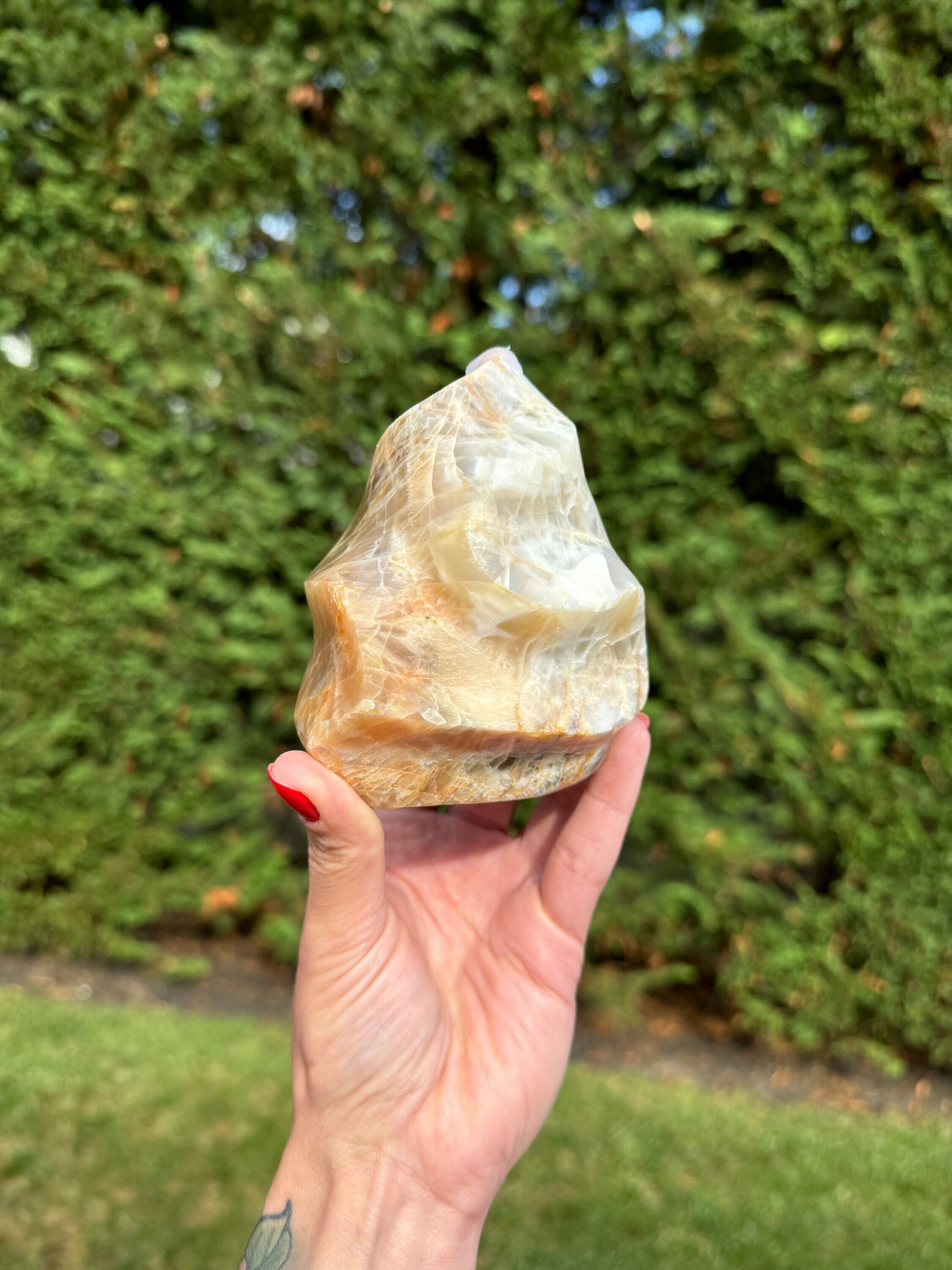 Flashy Peach Moonstone Flame Carving • Polished Crystal • Reiki Healing Stone • Spiritual Decor • Gemstone Sculpture 2