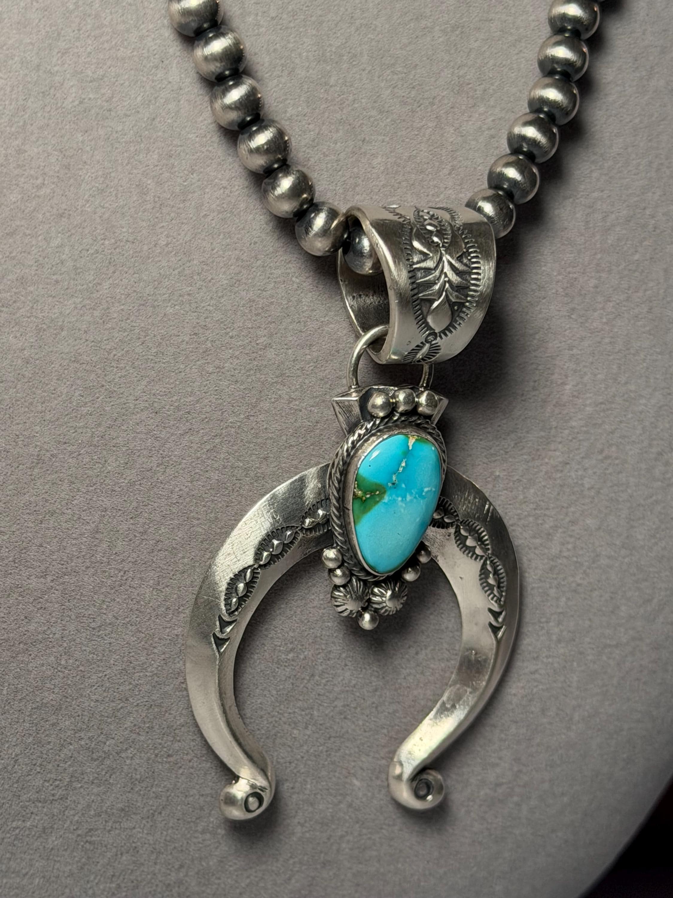 Sonoran Gold Turquoise Naja Pendant with Navajo Pearls, Sterling Silver Native Handmade Stamped Necklace, 18 Inch 6mm Pearls 4