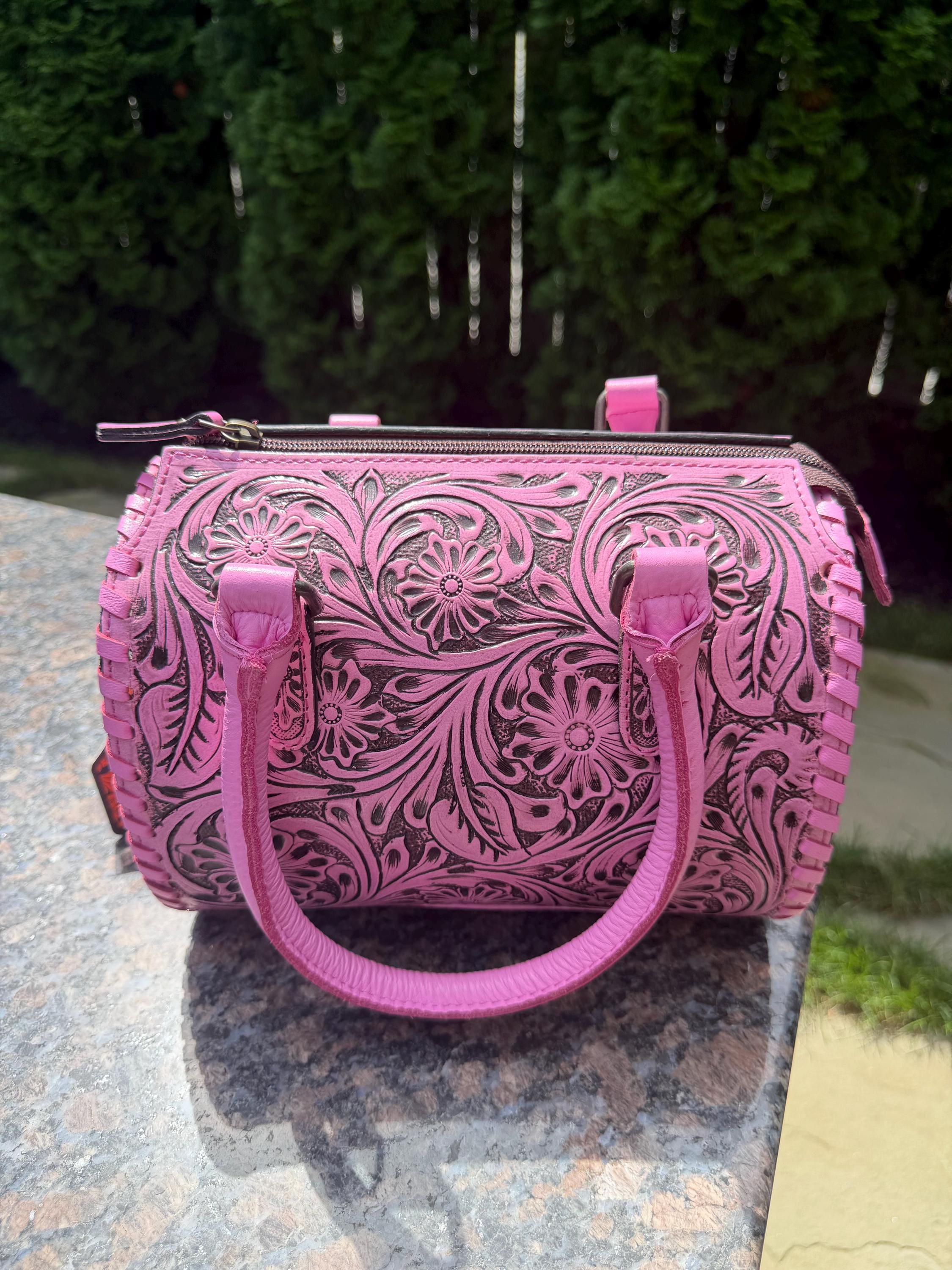 Small Pink Tooled Leather Speedy Bag – Western Floral Handbag 6