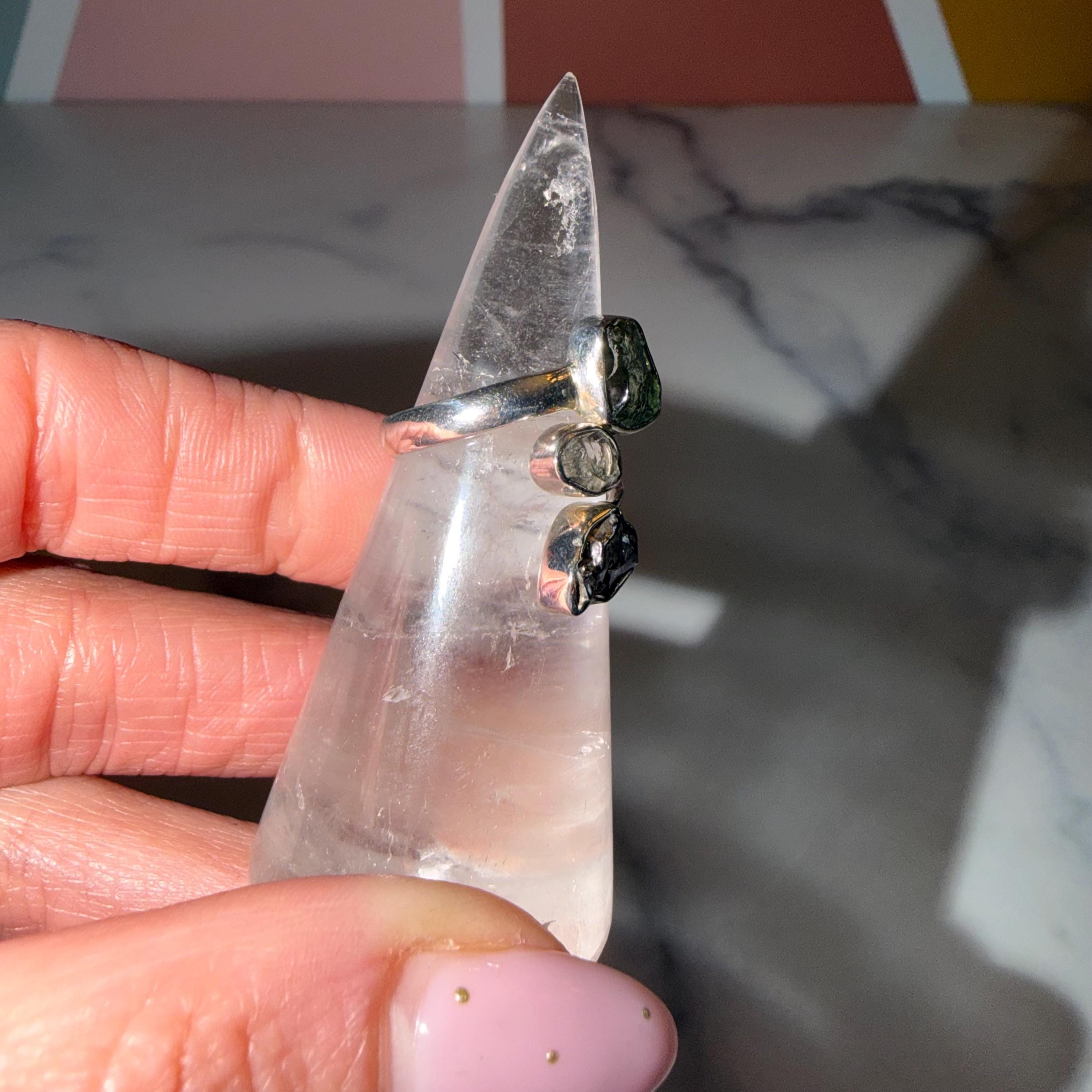 Raw Moldavite, Pakimer Diamond, Meteorite Sterling Silver Ring, Celestial Statement Jewelry (size 6) 5