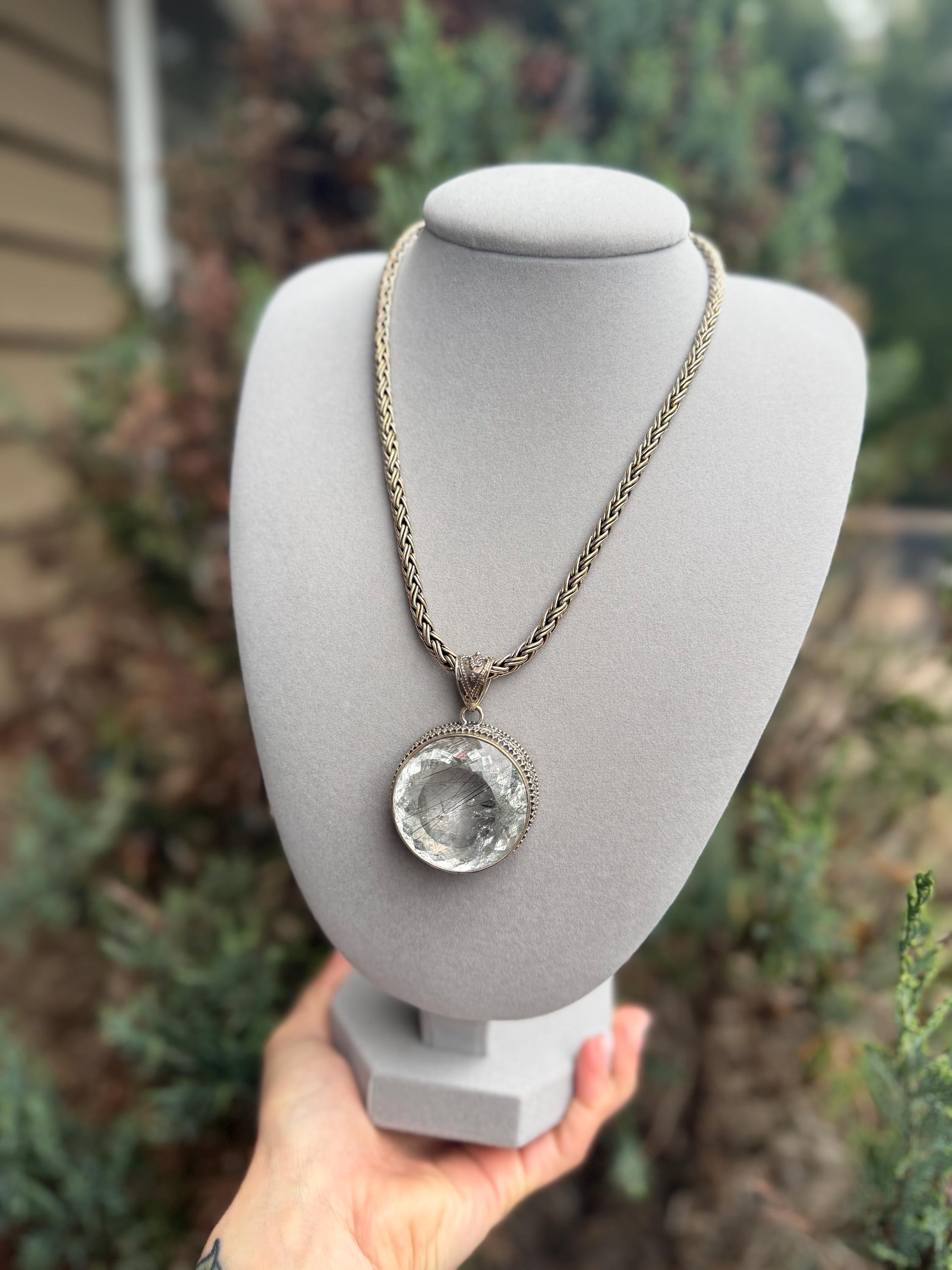 Faceted Rutilated Quartz Pendant, Black Rutile Sterling Silver Ornate Necklace 3