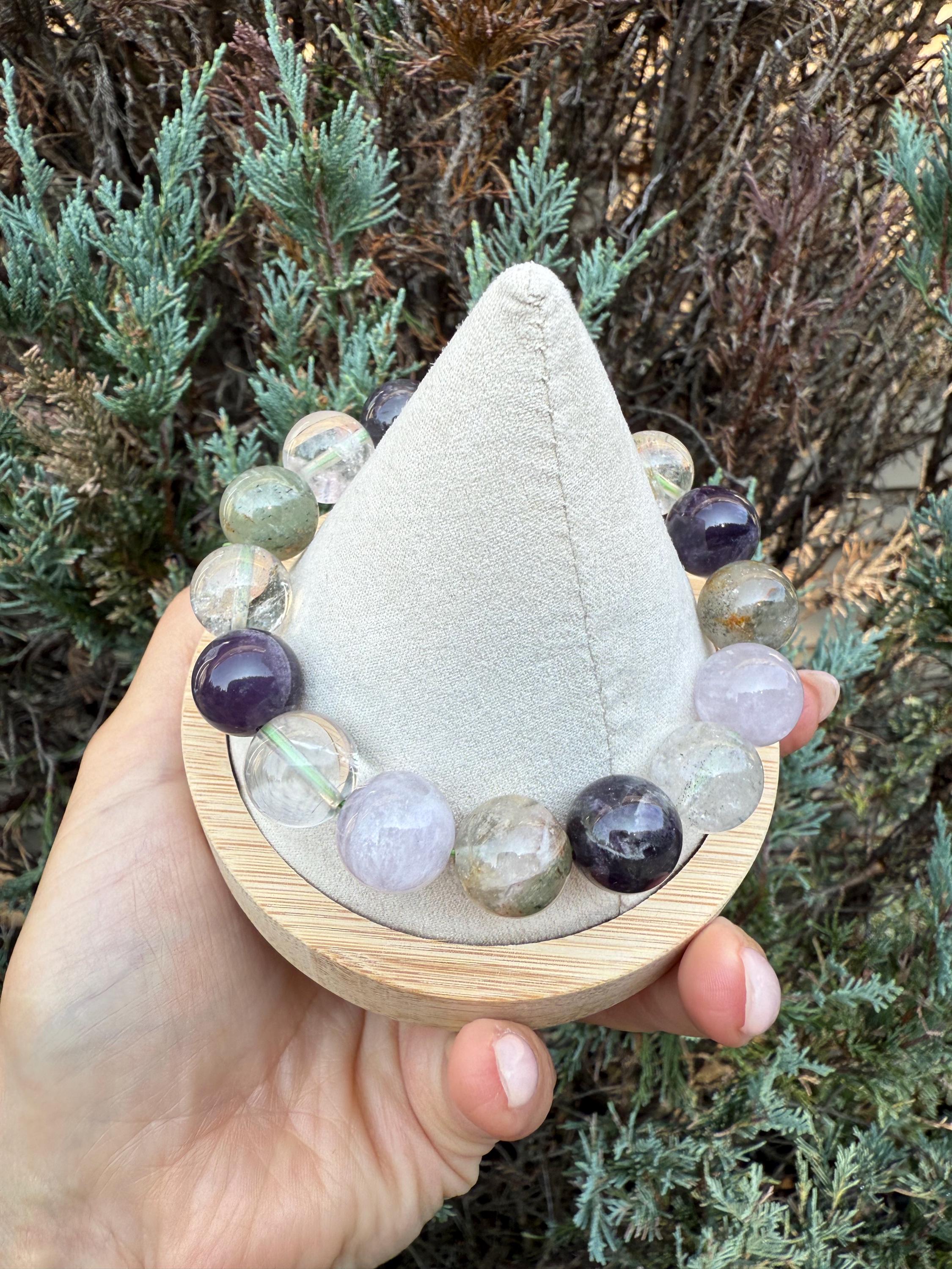 Garden Quartz, Purple Amethyst, and Rose Quartz 14mm Gemstone Bracelet Balance Energy 6