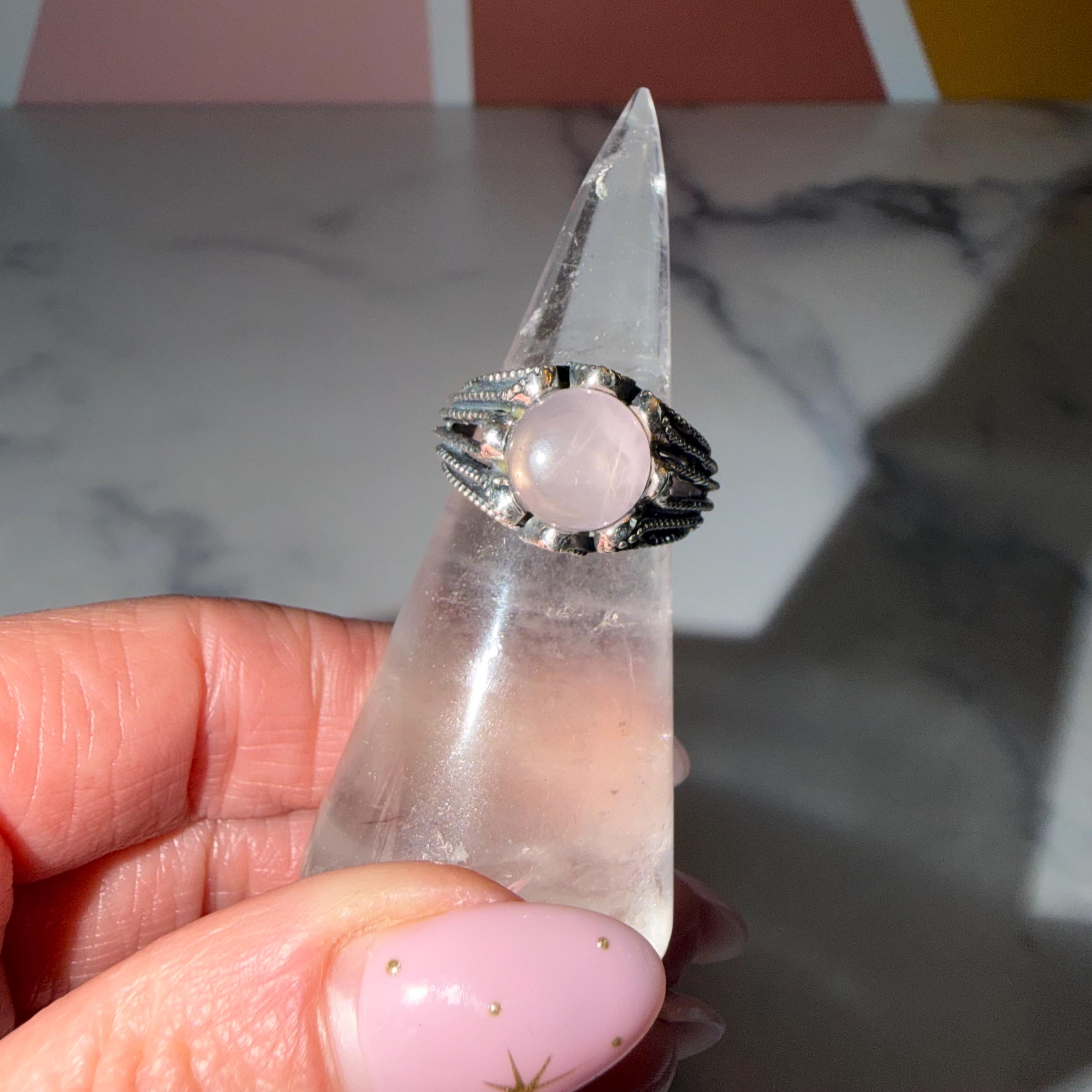 Rose Quartz Round Ring, 925 Sterling Silver, Love Crystal, Heart Chakra, Size 7 2