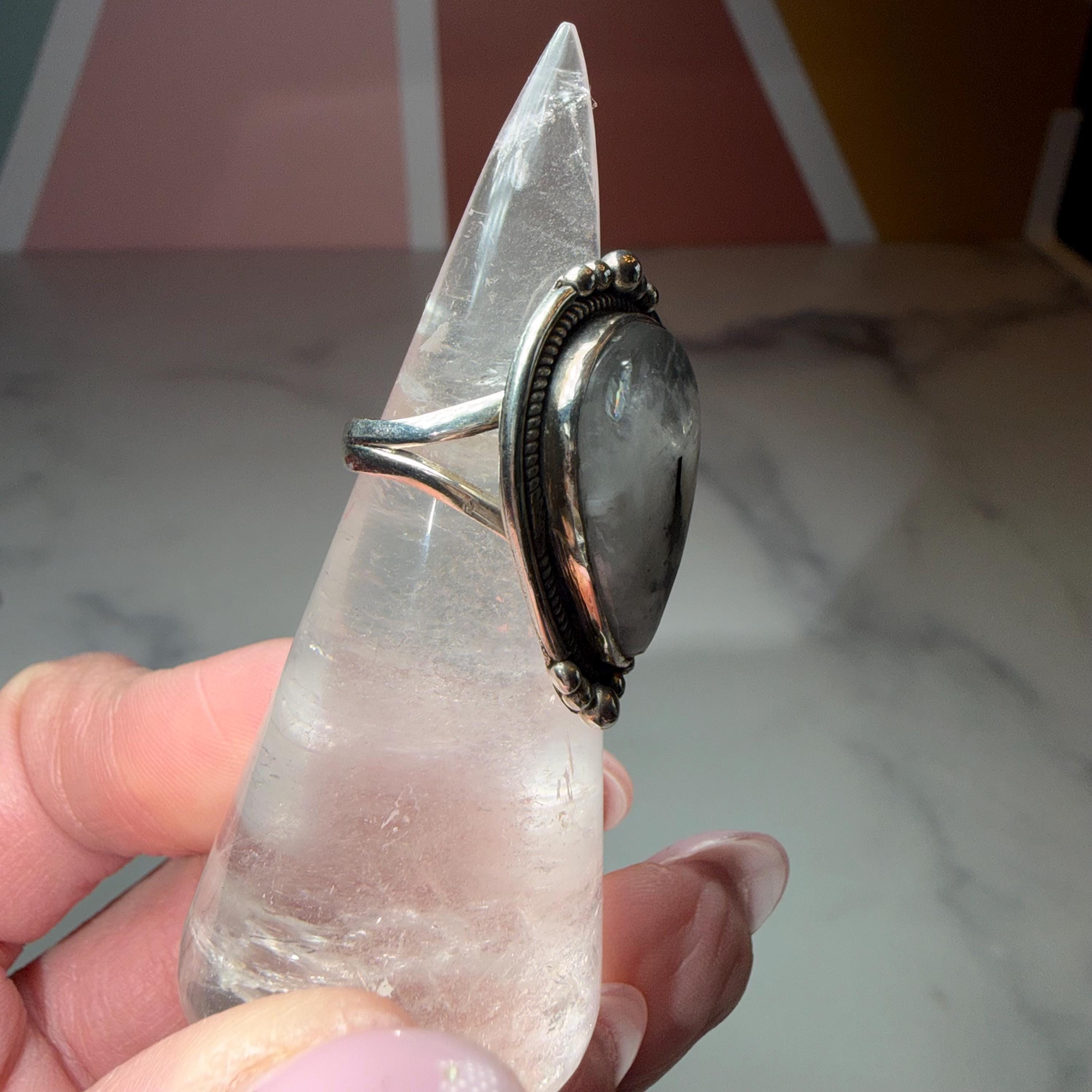 Large Rainbow Moonstone Tear Drop Ring, Sterling Silver Statement Ring, Size 6 5