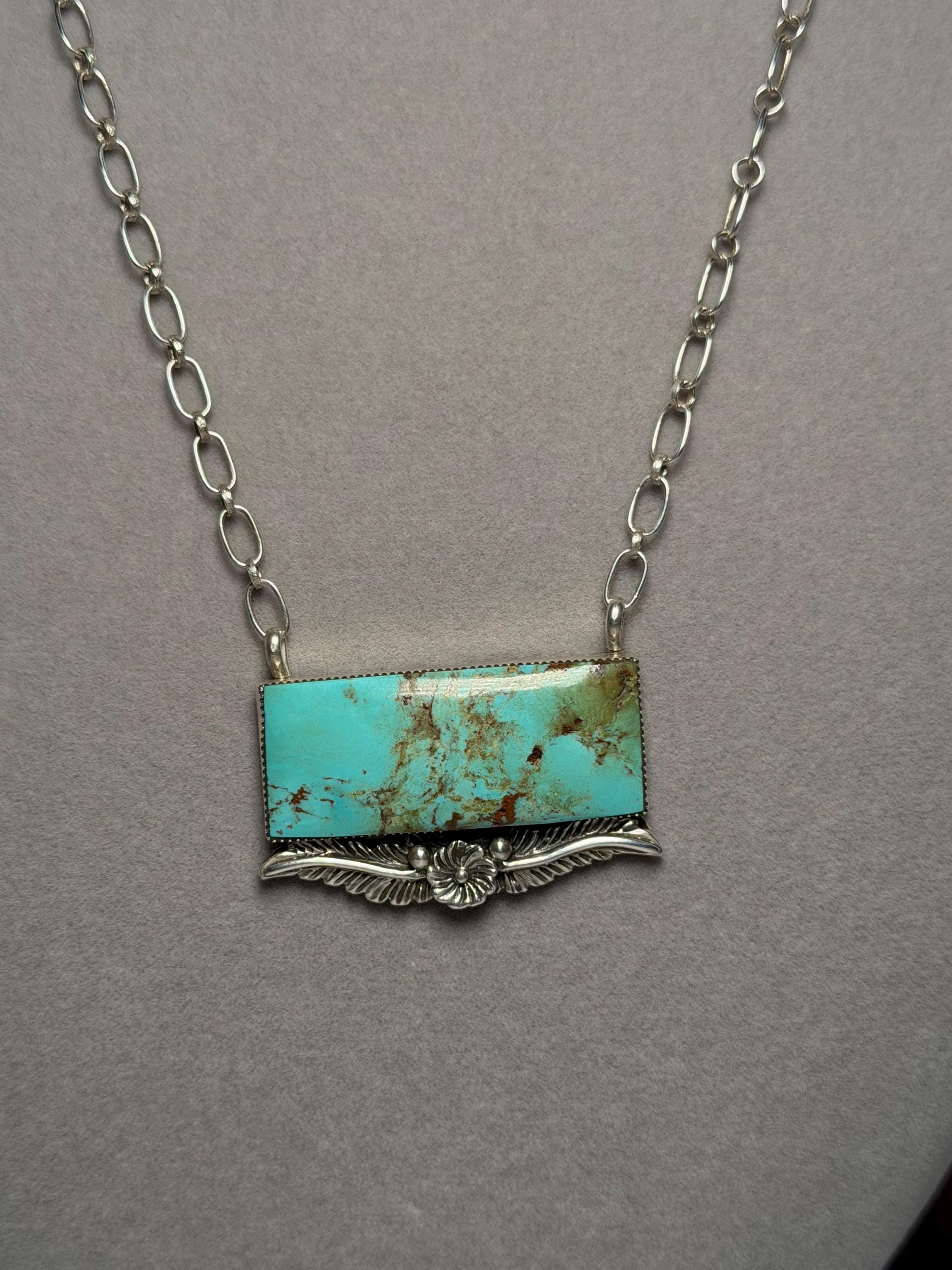 Sterling Silver Turquoise Floral Bar Necklace, Native Made Stamped Southwest Bear, 18.5 Inch 4