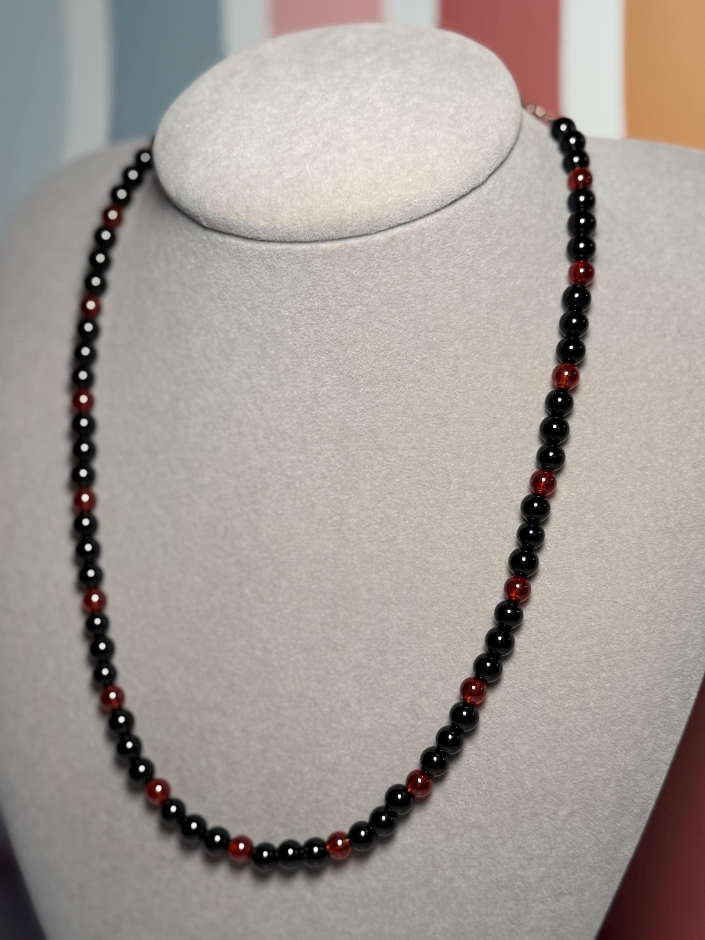 Garnet Black Obsidian Beaded Necklace, 18 Inch Gemstone Chain (3 Inch Extender) 2