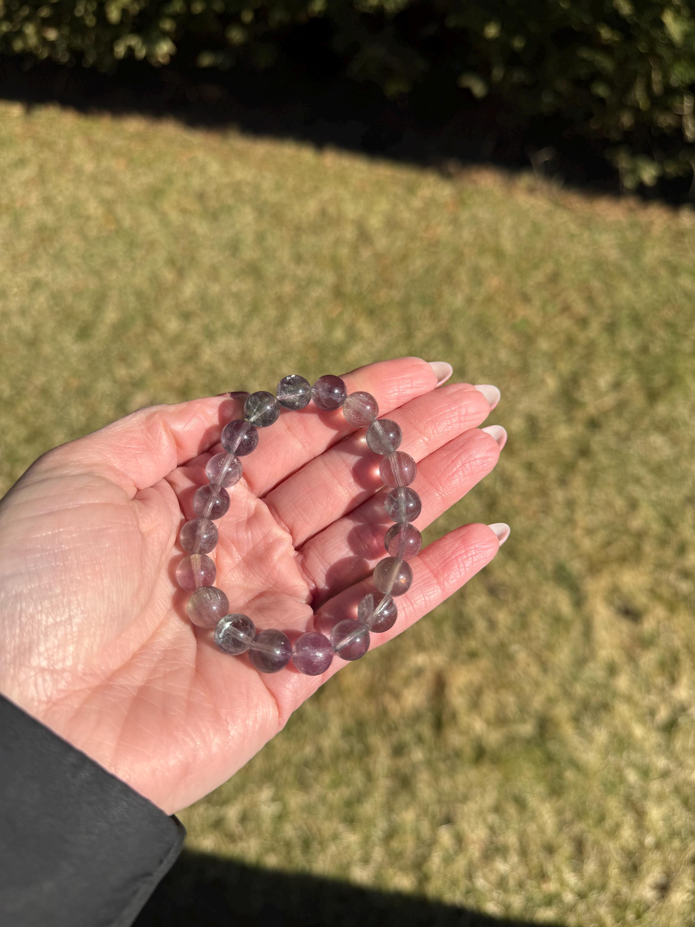 Banded Fluorite Crystal Beaded Stretch Bracelet • 9.5MM Purple Green Stone of Clarity, Intuition 3