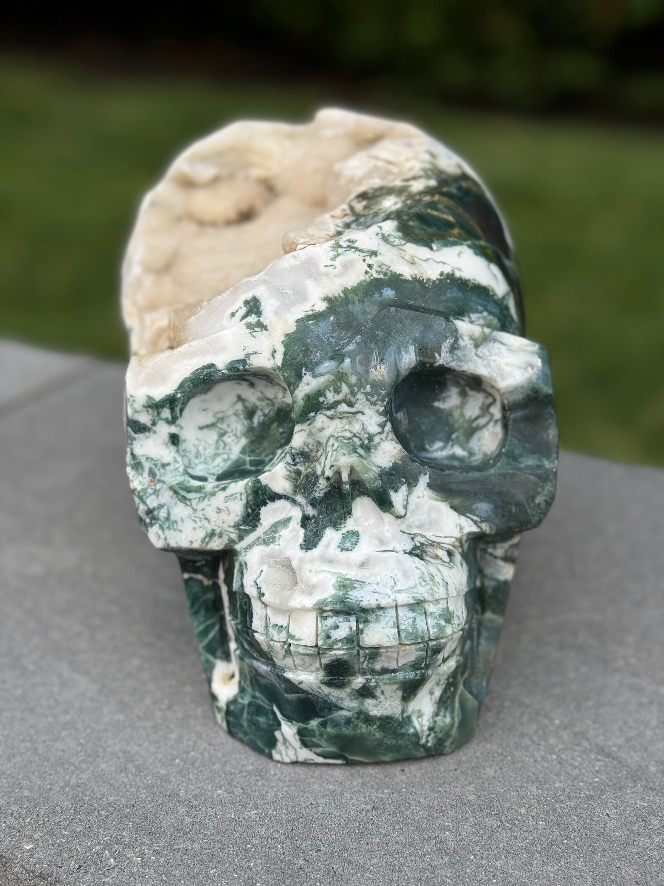 Moss Agate Skull Carving • Sugar Druzy Crystal Art, Spiritual Decor 3