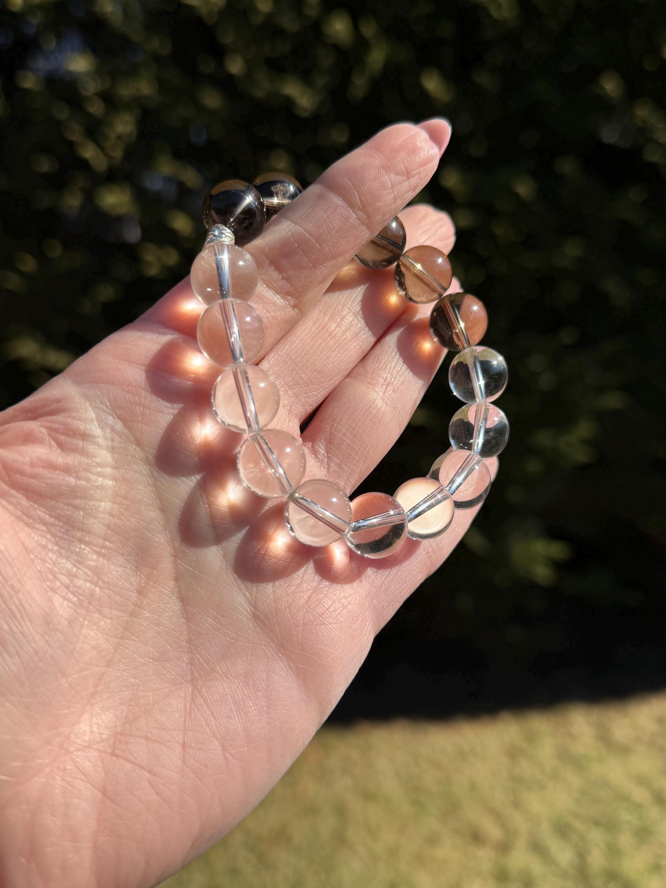 Clear Quartz & Smoky Quartz Crystal Stretch Beaded Bracelet • Gemstone Balance Energy (12.5mm) 7