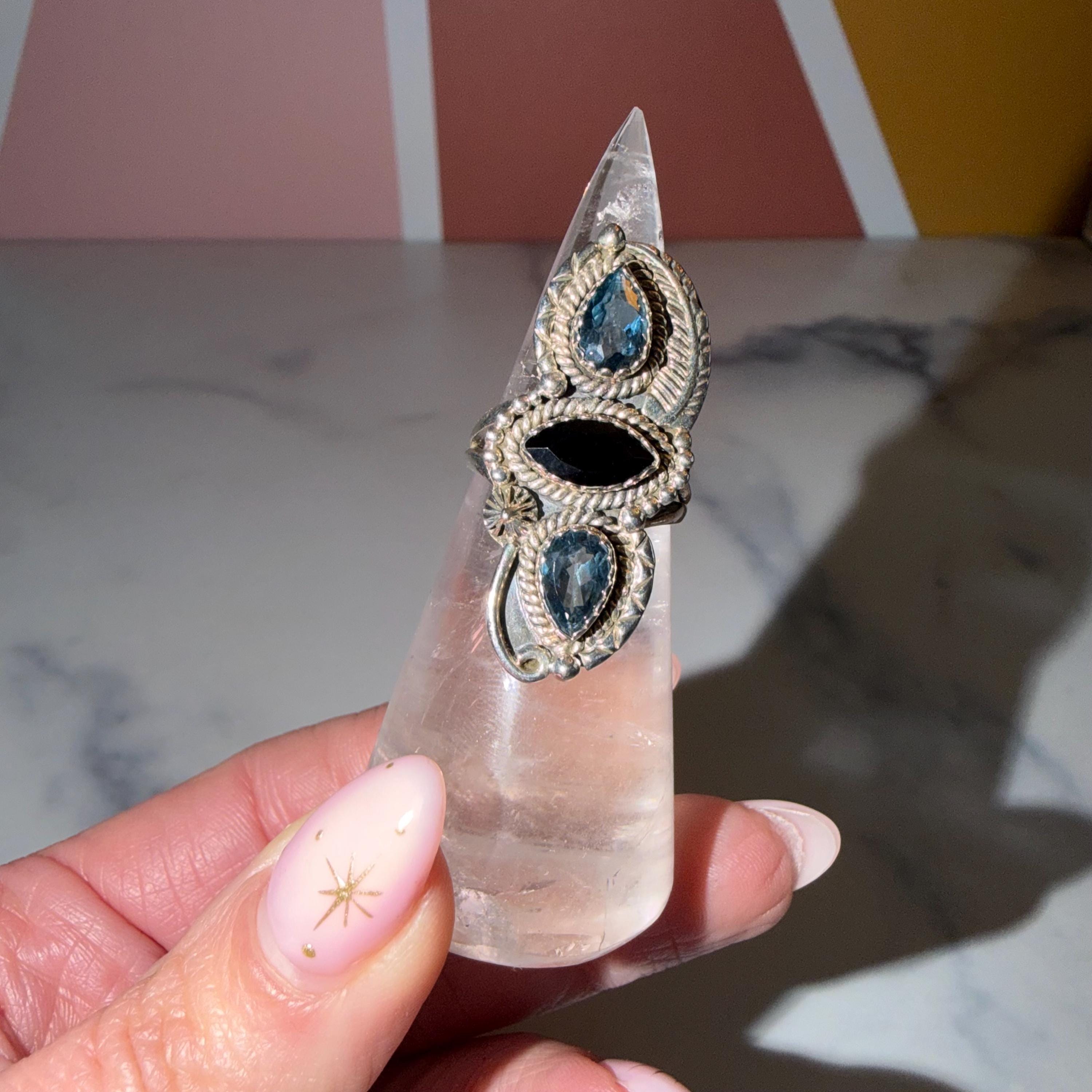 London Blue Topaz Black Onyx Sterling Silver Ring • Statement Gemstone Jewelry (size 7) 2
