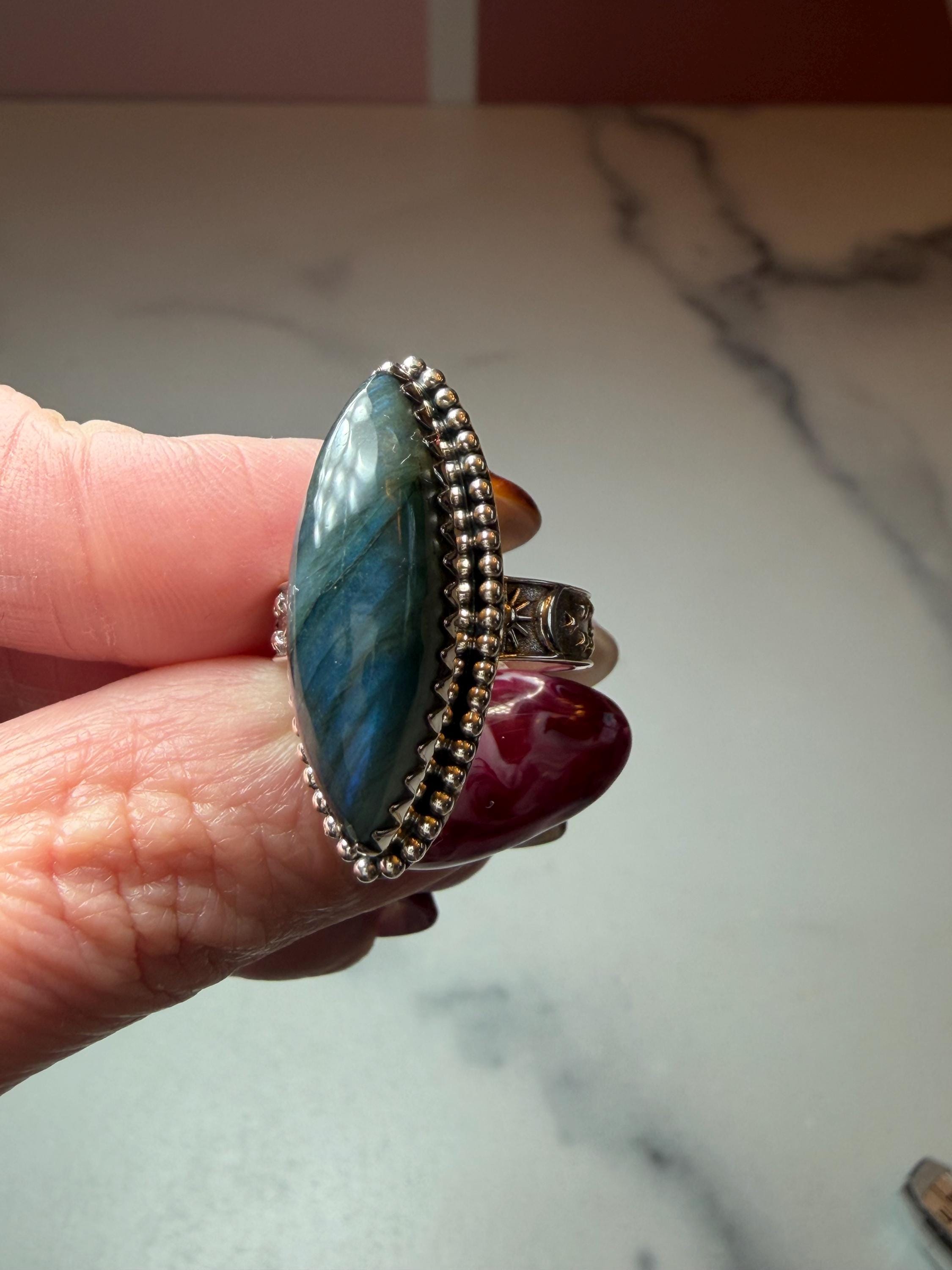 Marquis Labradorite Ring • Sterling Silver • Blue Green Flash Gemstone • Boho Statement Jewelry (size 6.5) 5