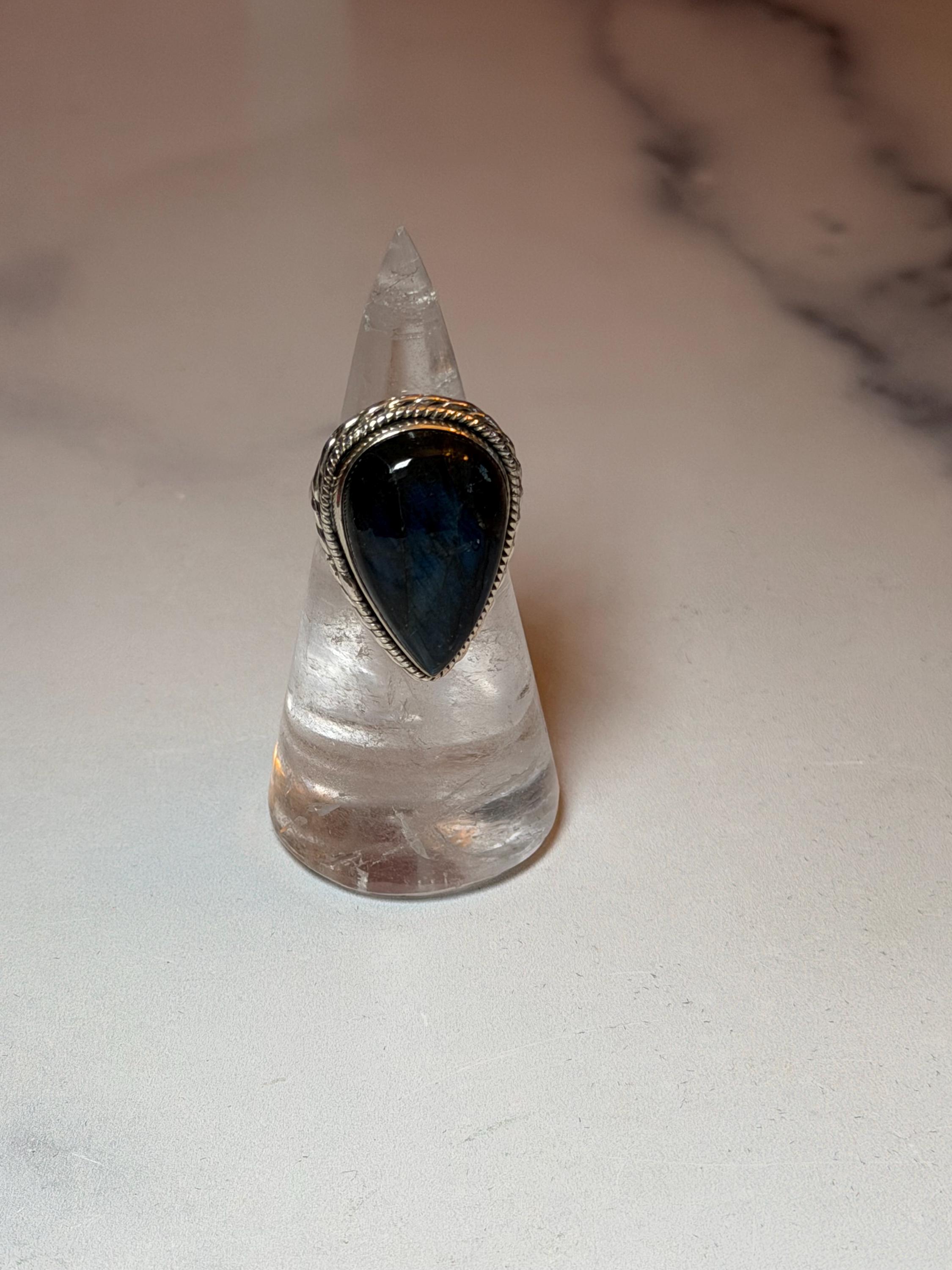 Blue Flash Labradorite Teardrop Ring • Sterling Silver • Boho Gemstone Jewelry (size 6) 14