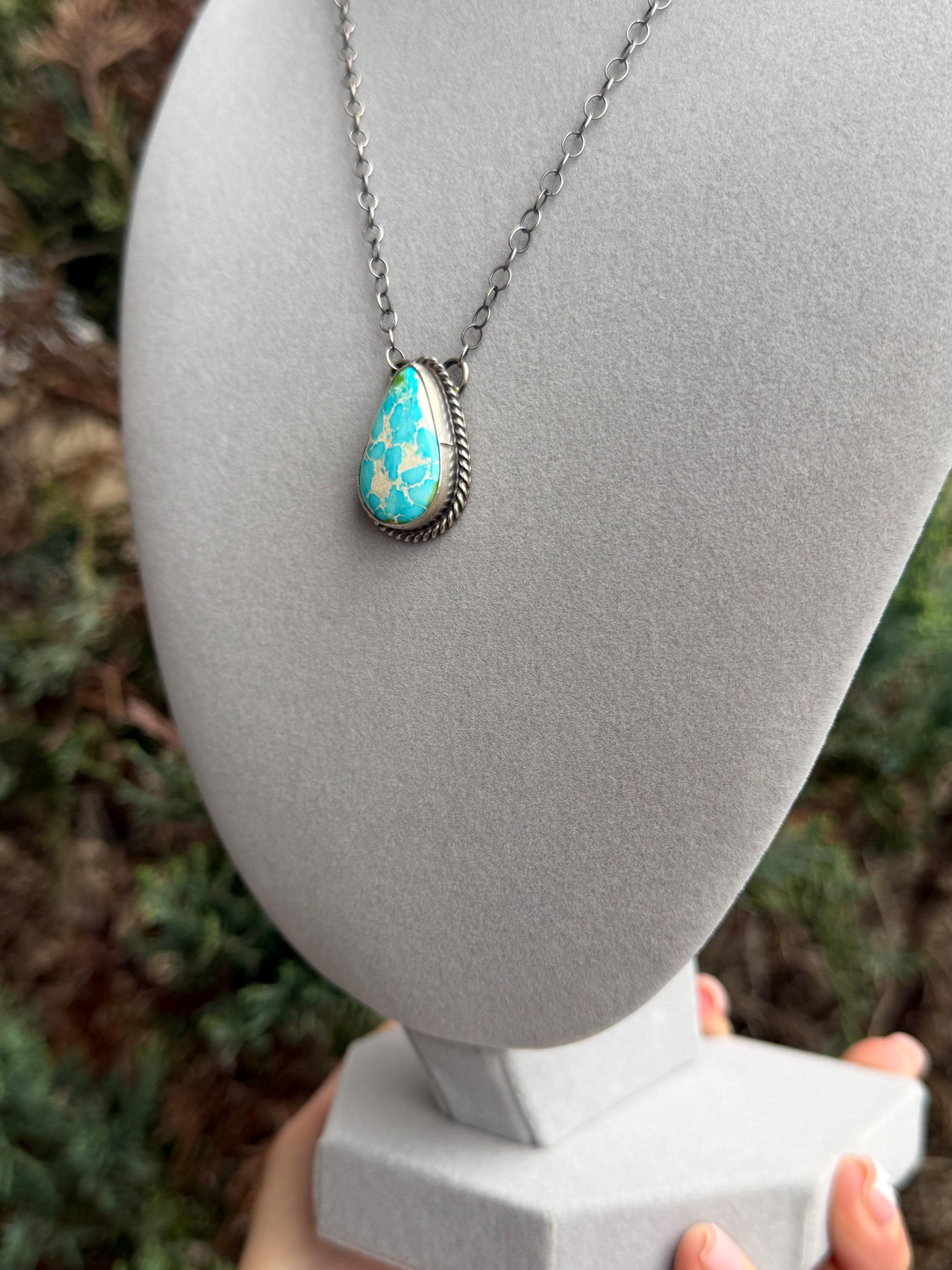 Sonoran Gold Turquoise Teardrop Bar Necklace, Sterling Silver, Southwest Artisan Stamped, 19.5 Inch Chain 6