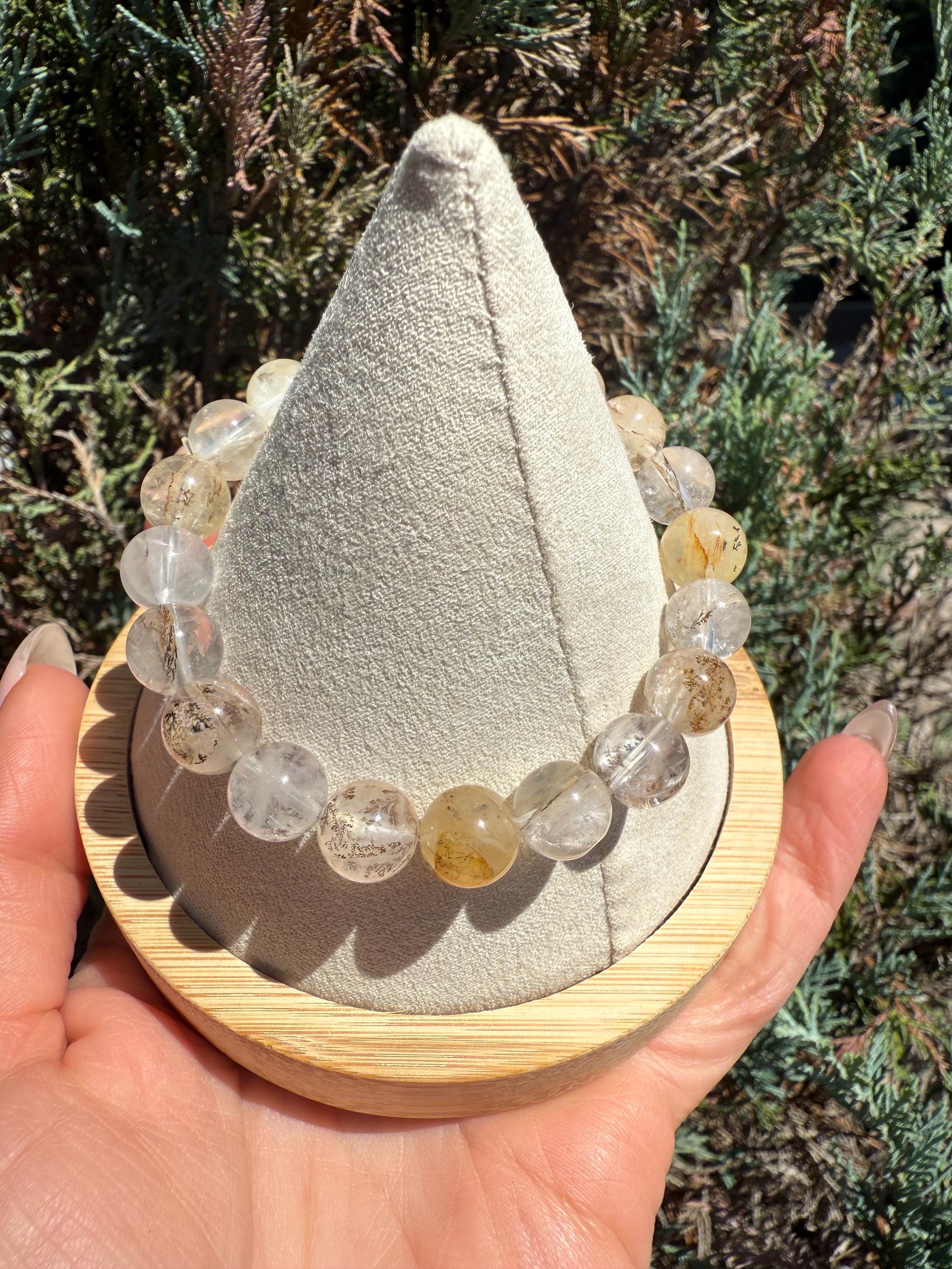 Dendritic Quartz with Gold Healer Inclusions Stretch Beaded Bracelet, Crystal Beaded Jewelry (9mm) 8