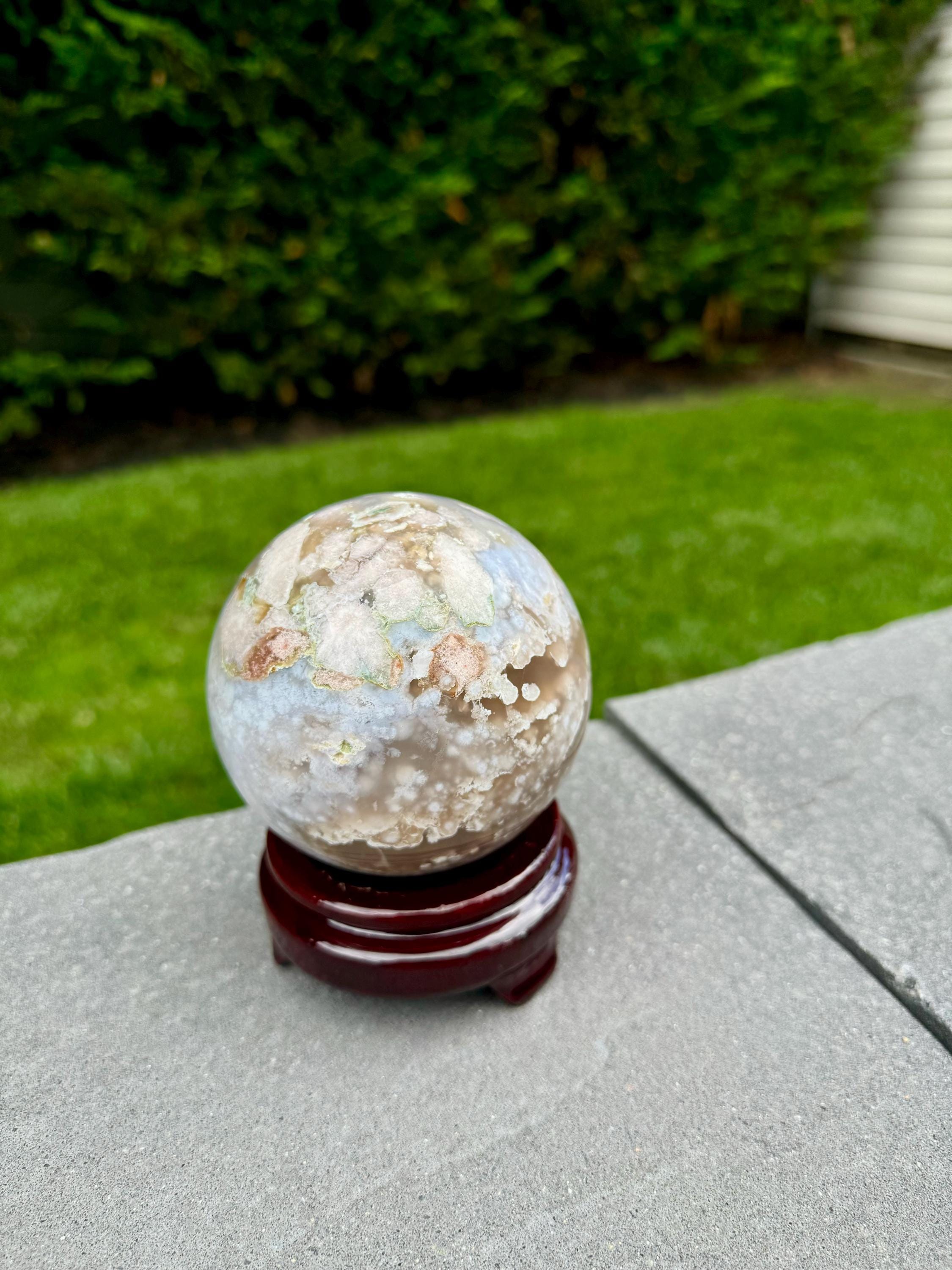 Flower Agate Crystal Sphere, Carnelian Amethyst Orb, Large Natural Stone Decor 9
