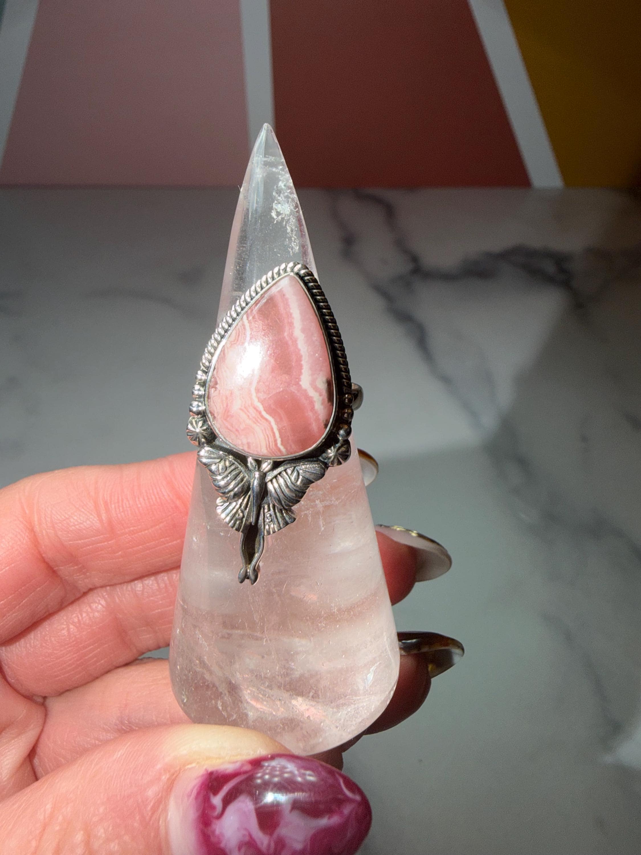 Rhodochrosite Luna Moth Ring • Sterling Silver Celestial Statement Jewelry (size 7)