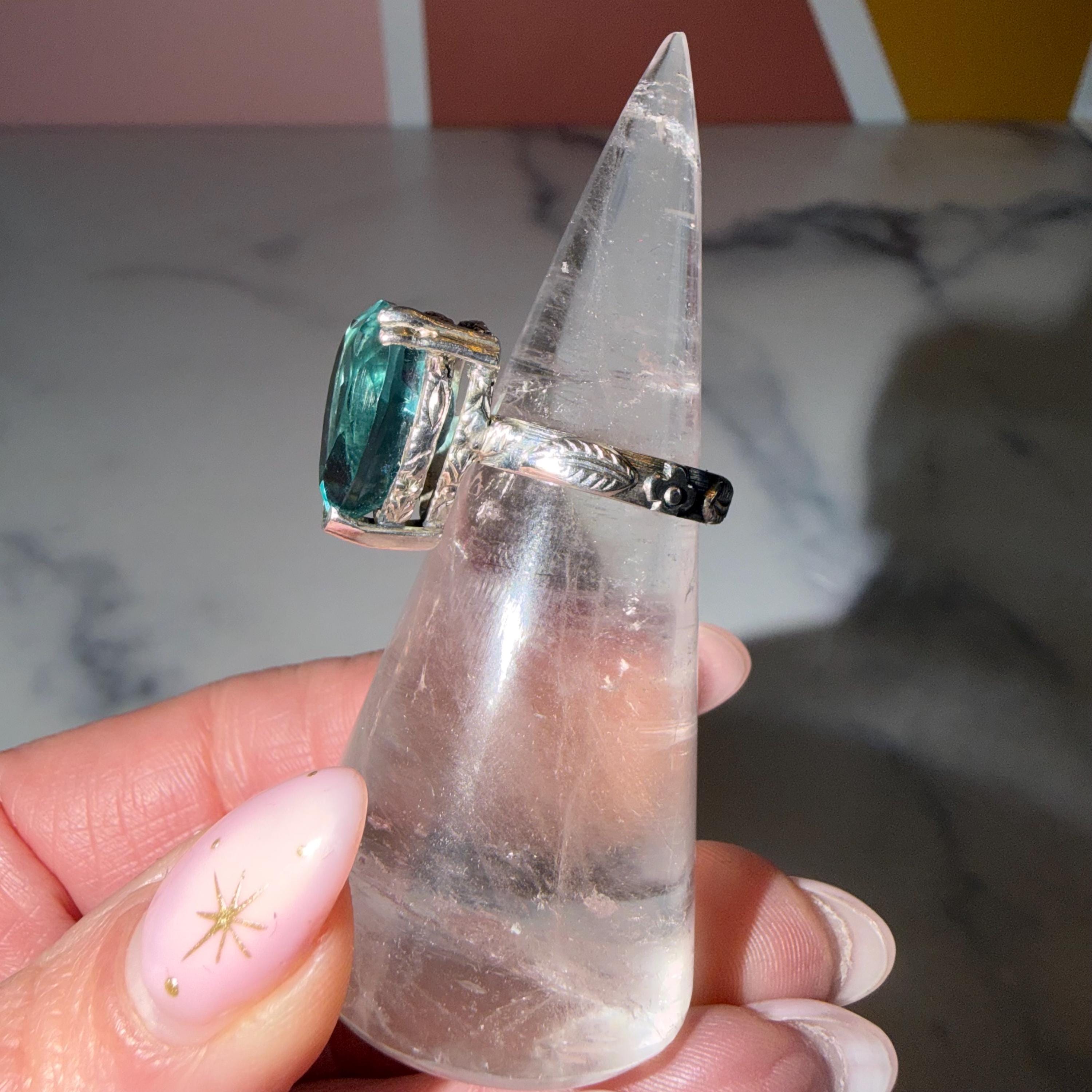 Blue Fluorite Teardrop Ring • Sterling Silver Floral Band • Boho Statement Ring (Size 7) 4