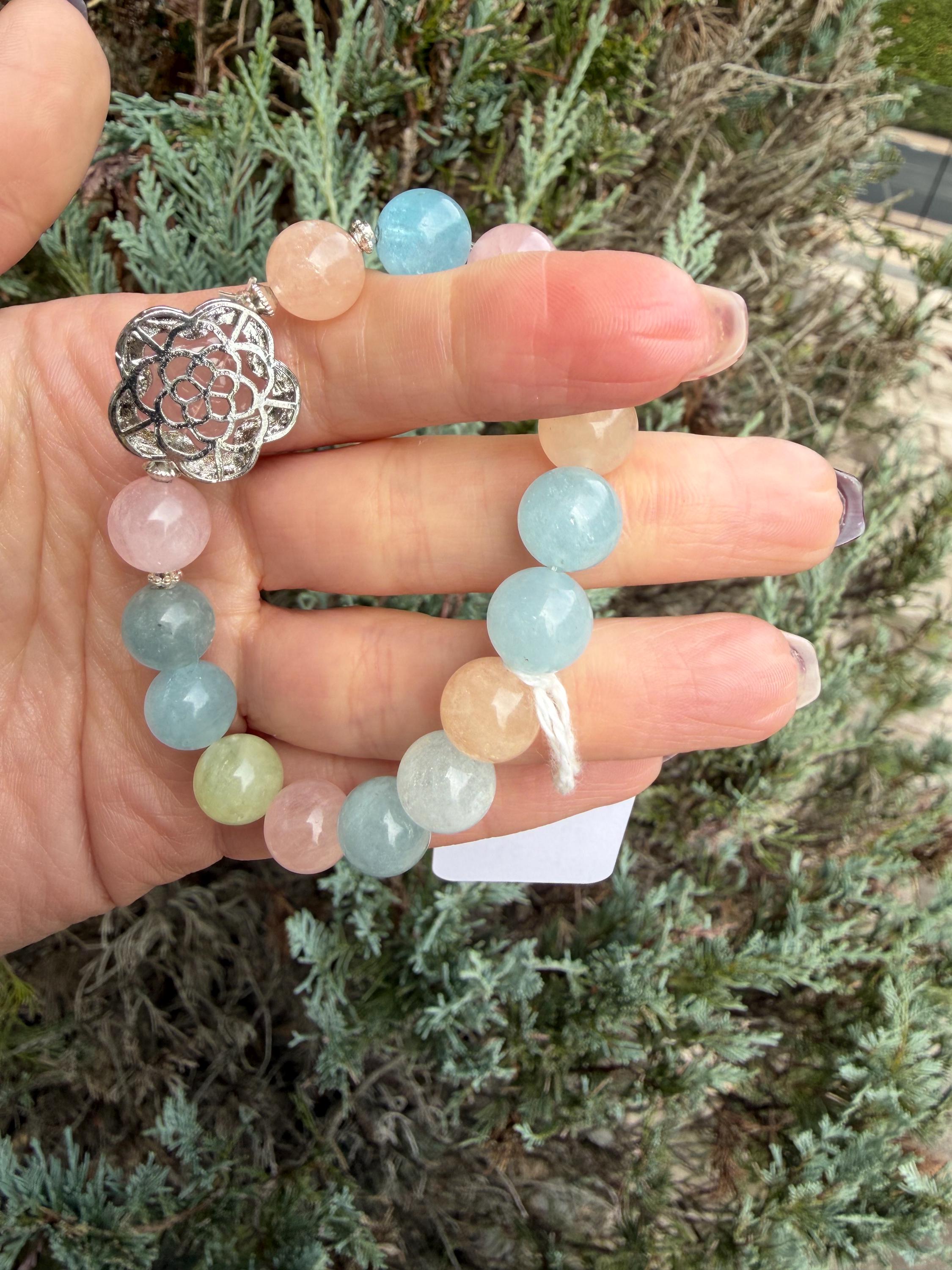 Mixed Beryl Bracelet with Rose Quartz Flower Charm • Aquamarine, Morganite, Heliodor Jewelry 10