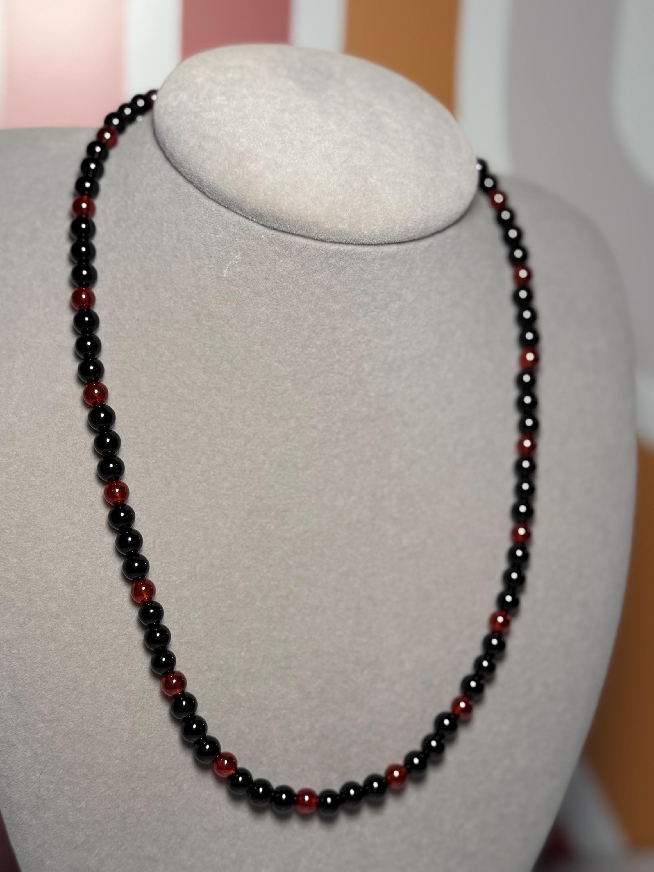Garnet Black Obsidian Beaded Necklace, 18 Inch Gemstone Chain (3 Inch Extender) 3