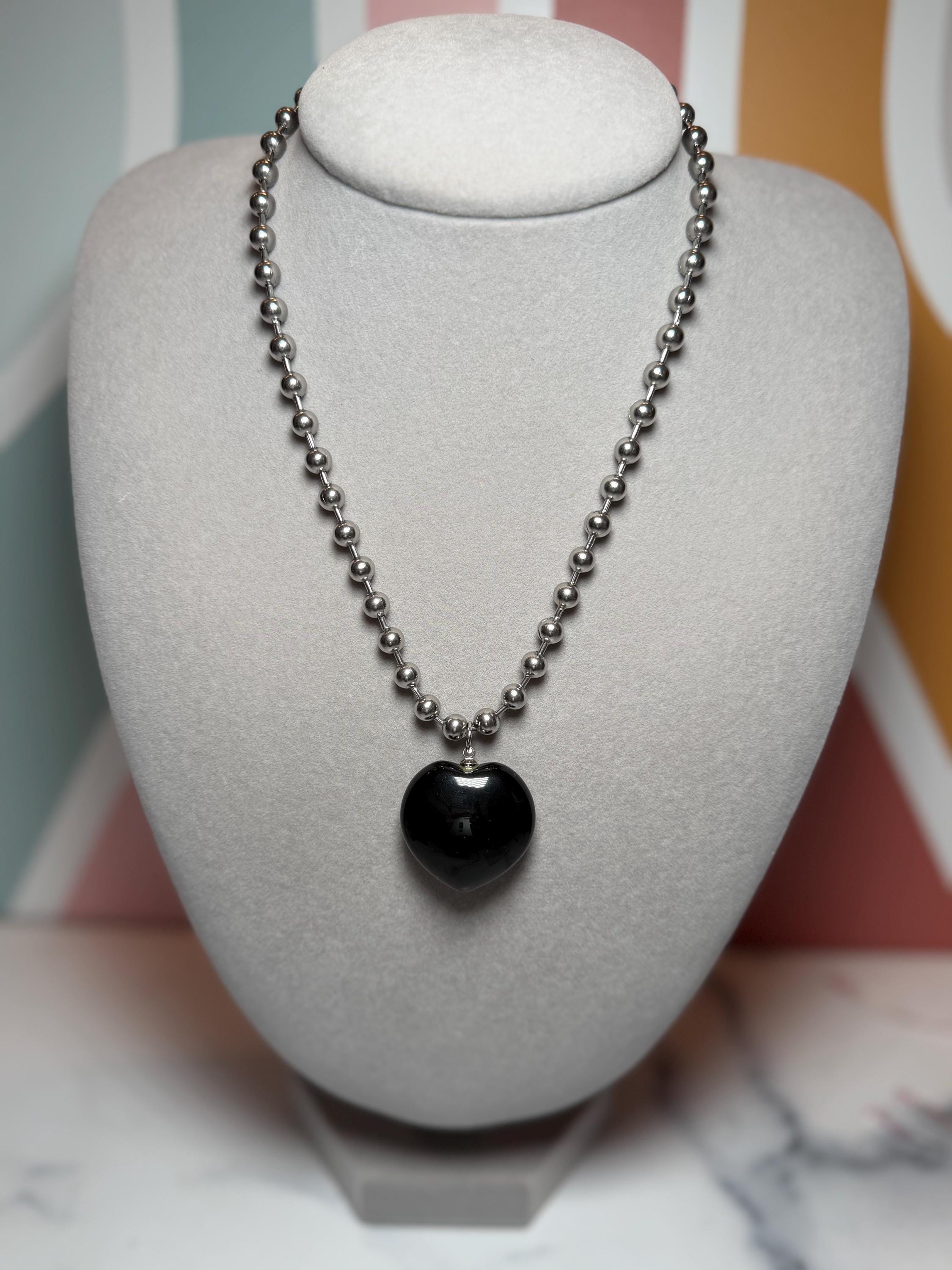 Black Obsidian Heart Necklace, Sterling Silver Ball Chain, 17 Inch Pendant
