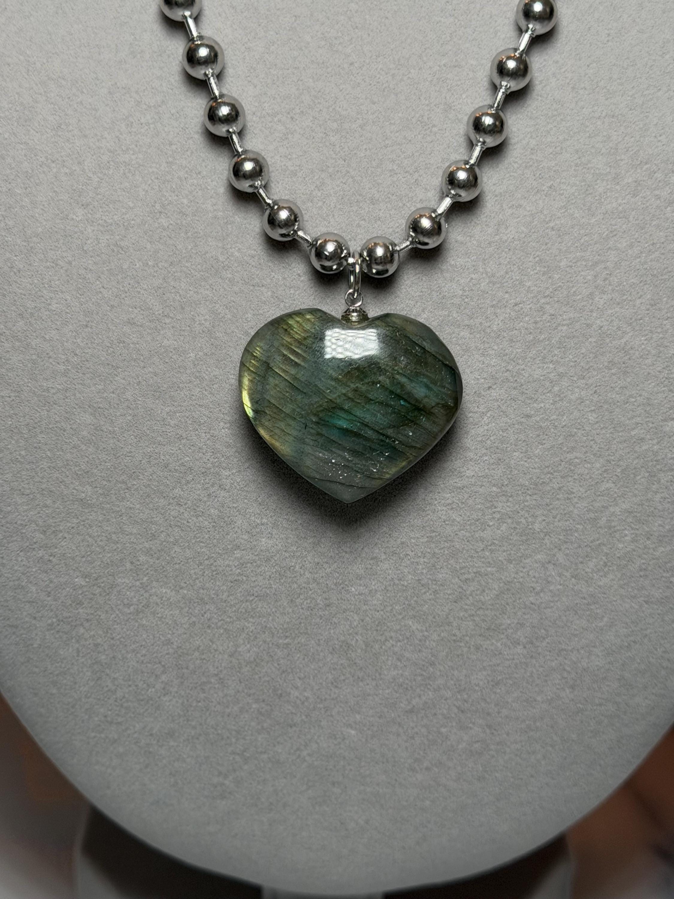 Labradorite Heart Pendant Necklace, Sterling Silver Ball Chain, 17 Inch Gemstone Jewelry 4